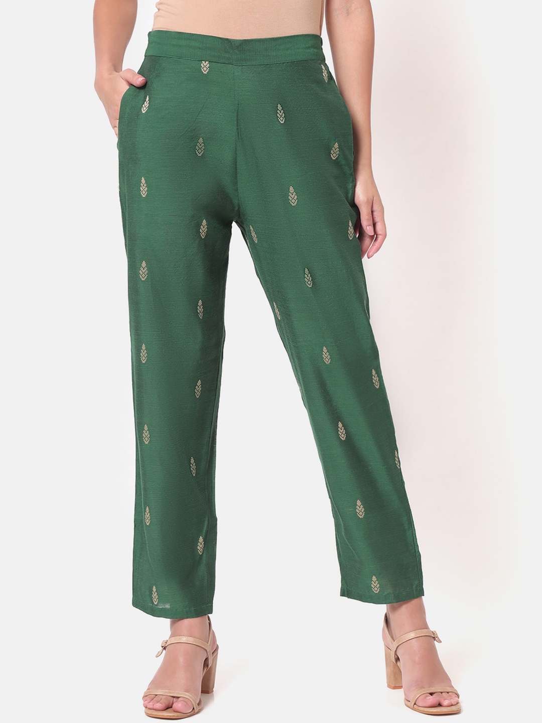 

Saaki Women Green Embroidered Relaxed Straight Leg Trousers