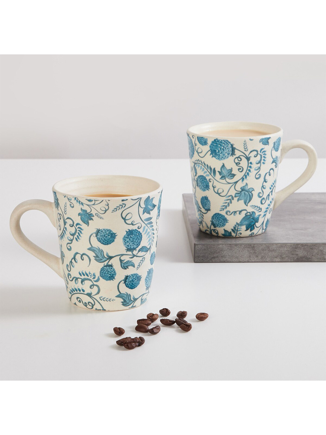 

Home Centre Blue & White Floral Printed Stoneware Matte Set Of 2 Coffee Mugs