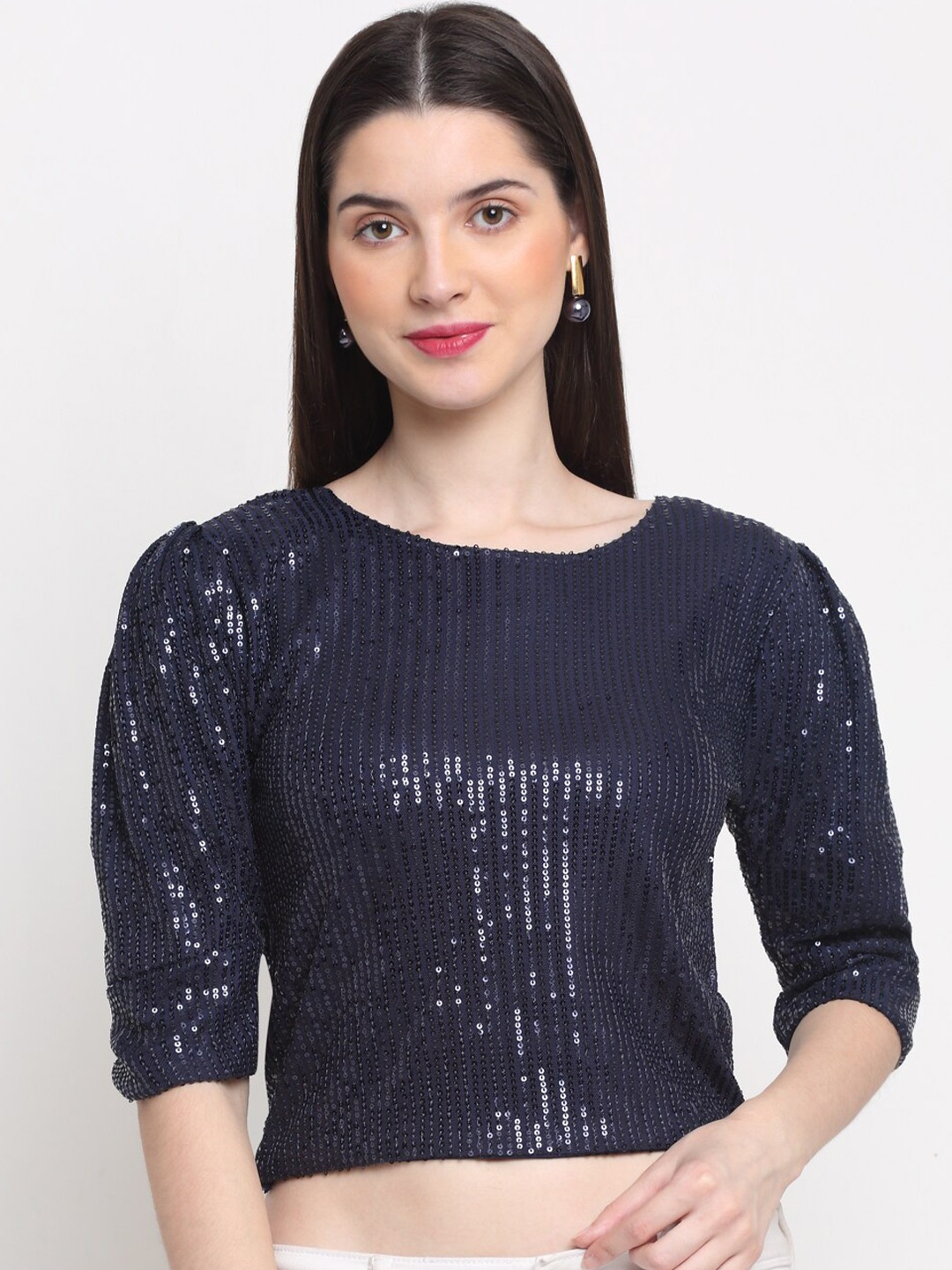 

BUY NEW TREND Navy Blue Embellished Top