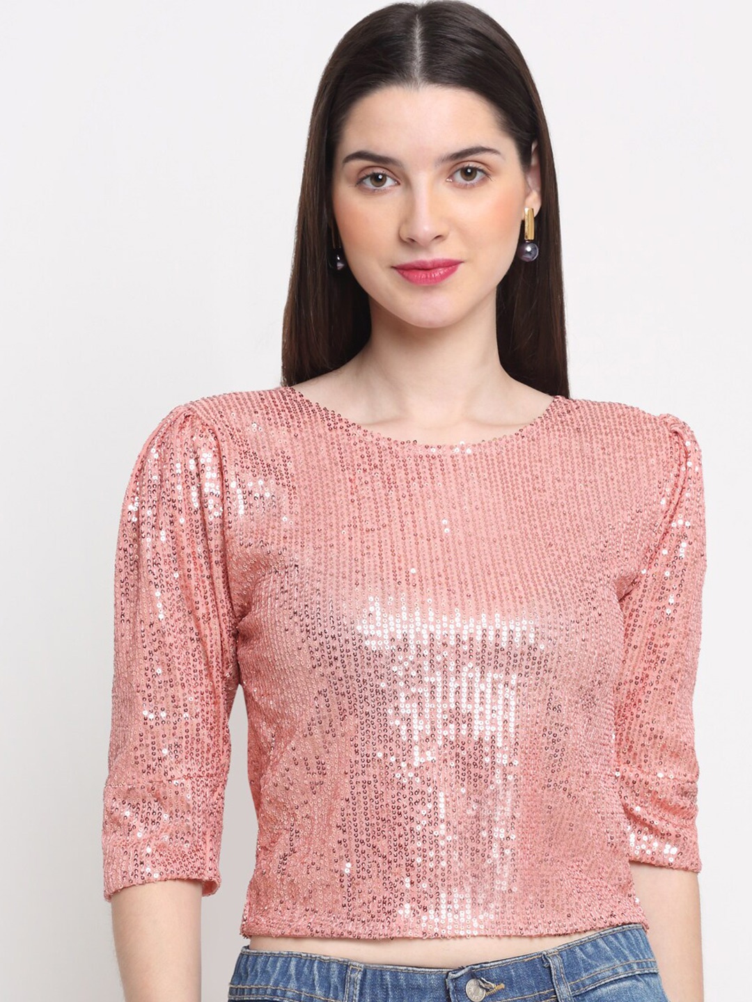 

BUY NEW TREND Women Pink Embellished Crop Top