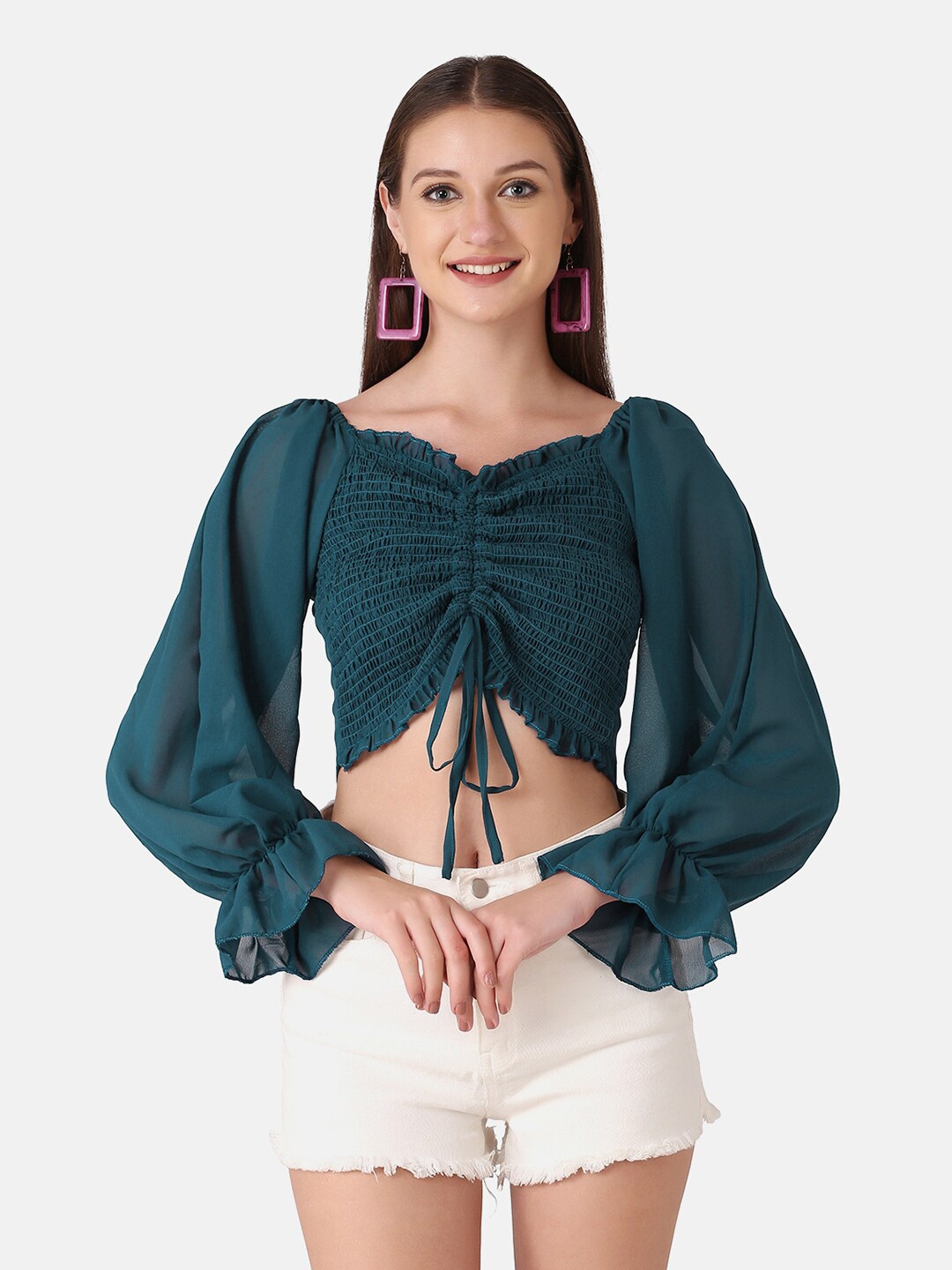 

BUY NEW TREND Green Off-Shoulder Georgette Styled Back Top