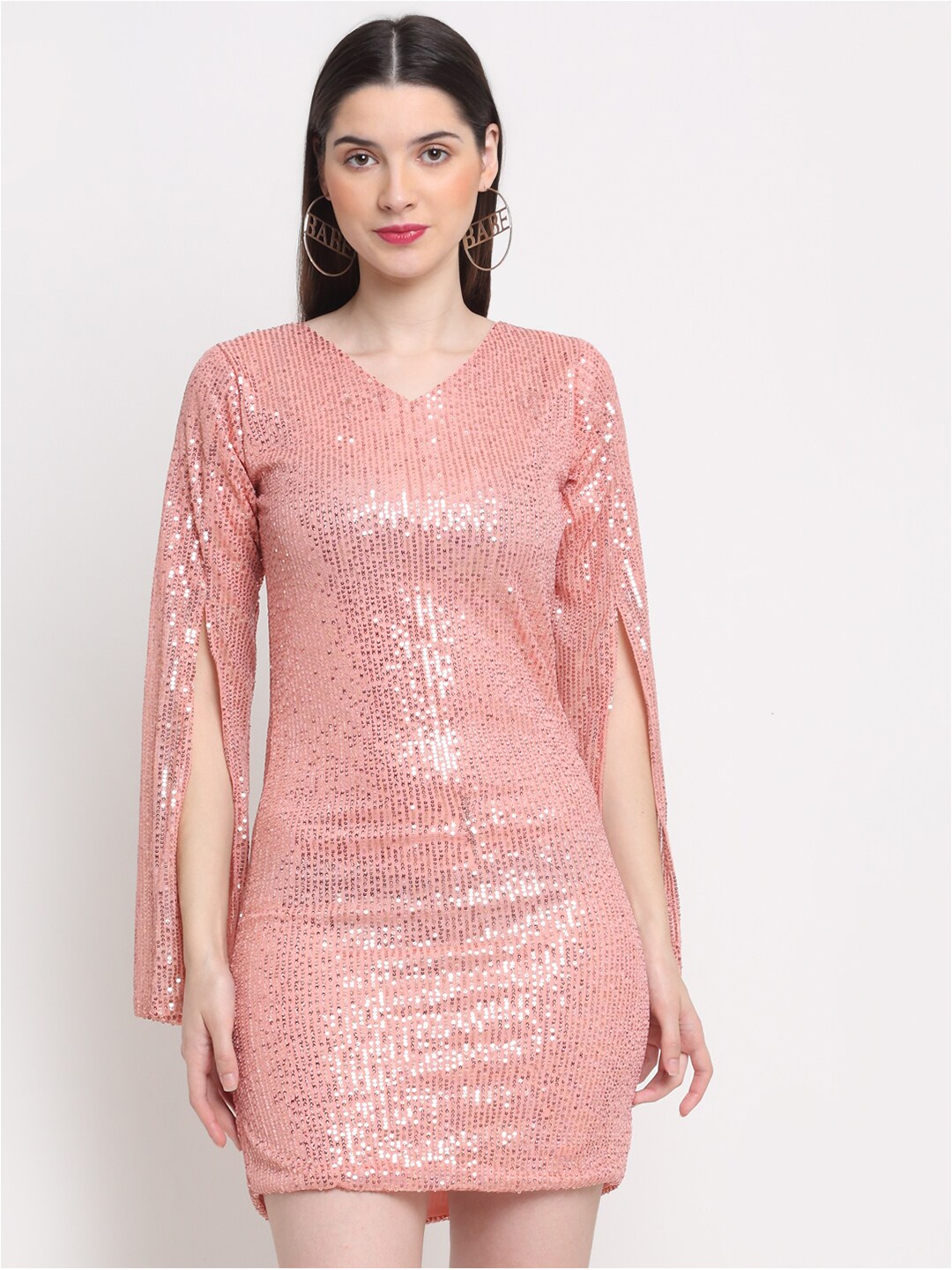 

BUY NEW TREND Pink Sequined Sheath Dress