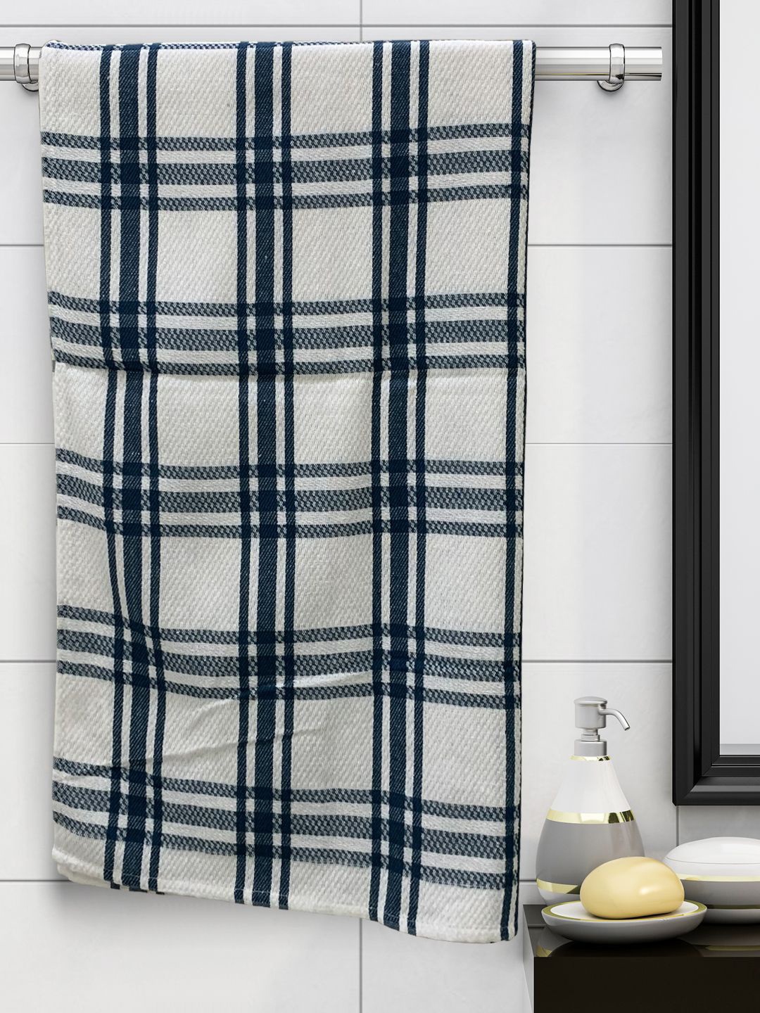 

Athom Trendz Unisex White & Blue Striped Cotton 210 GSM Bath Towel
