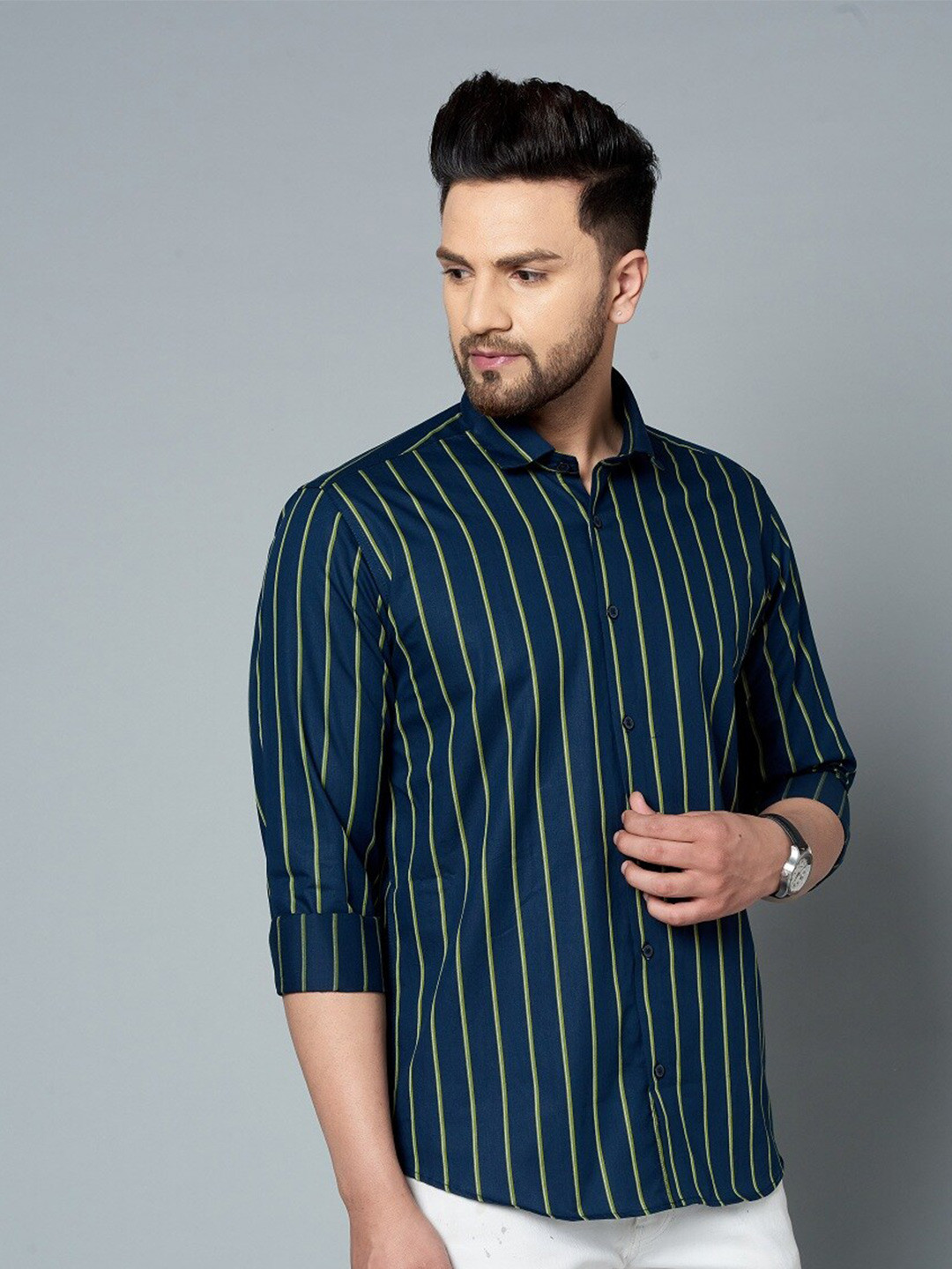 

MR KAMEEJ Men Blue Classic Slim Fit Striped Casual Shirt