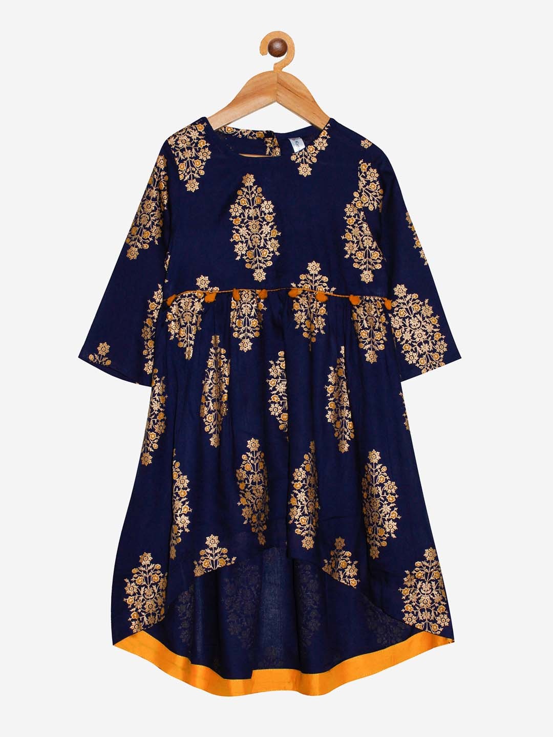 

KiddoPanti Girls Navy Blue Floral Printed Flared Sleeves Thread Work Anarkali Kurta