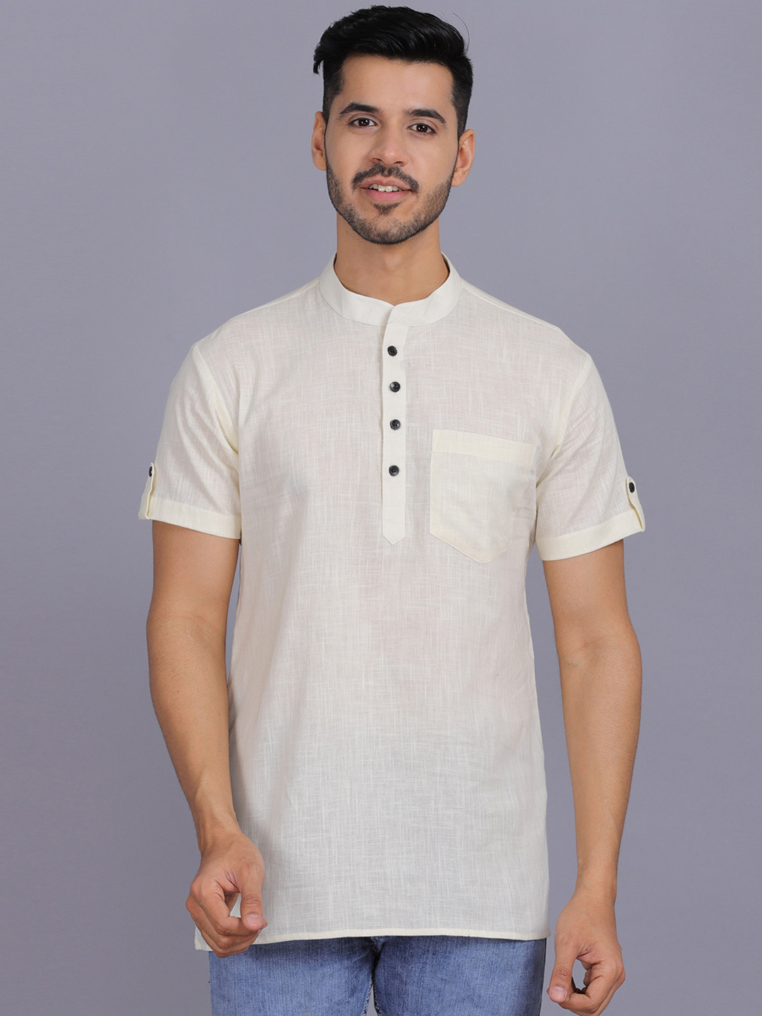 

Waahiba Men Cream-Coloured Thread Work Handloom Kurta