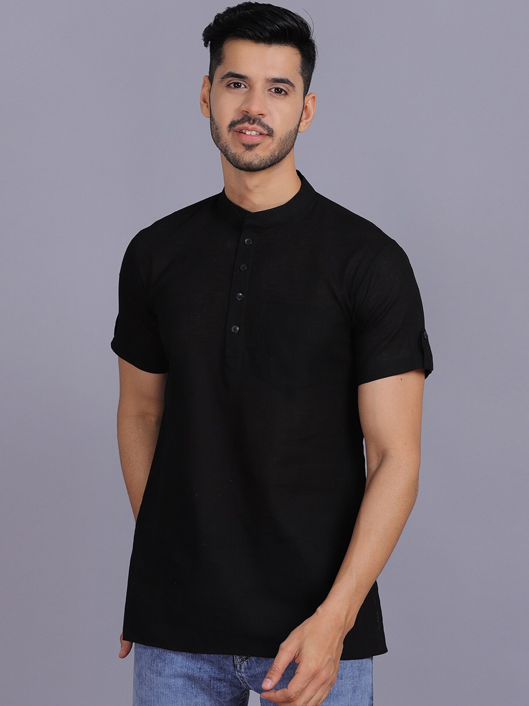 

Waahiba Men Black Straight Half Kurta