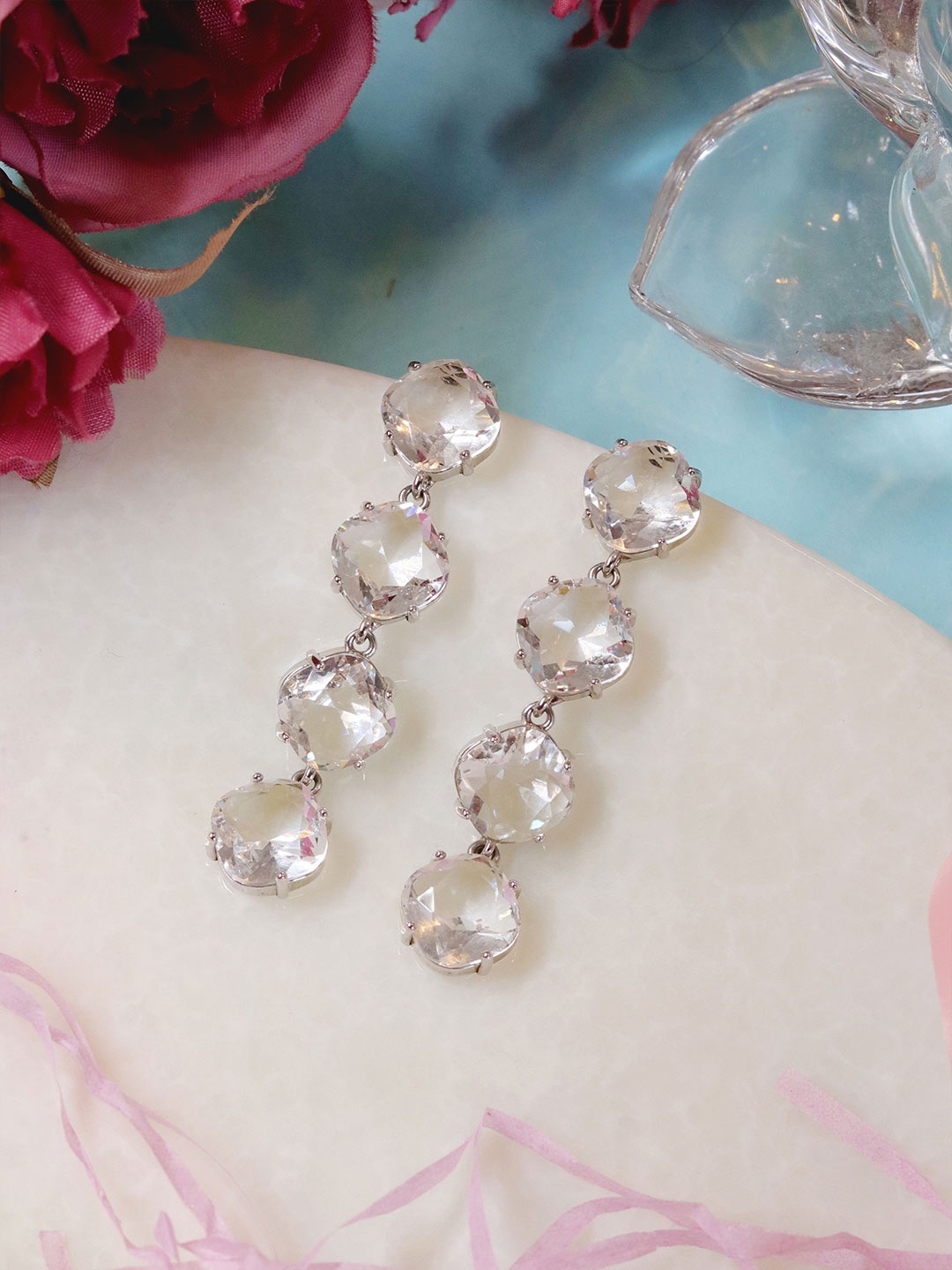 

Ishhaara Silver-Toned & Transparent Spherical Drop Earrings