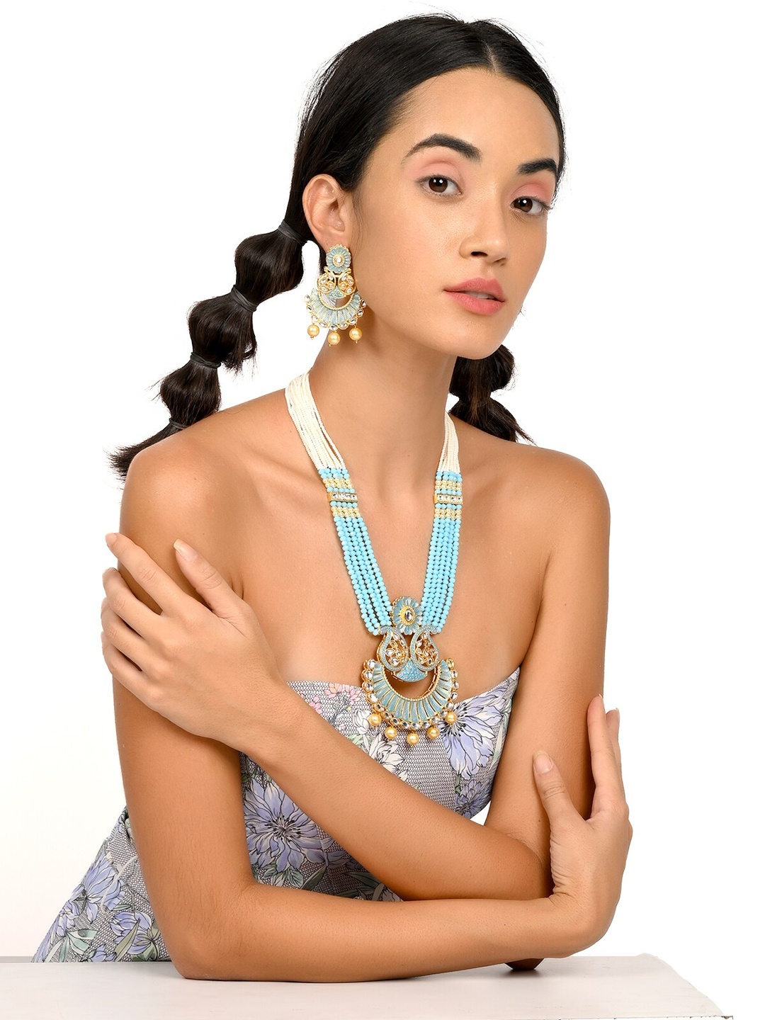 

ODETTE Gold-Toned Blue & White Stone Studded & Beaded Jewellery Set