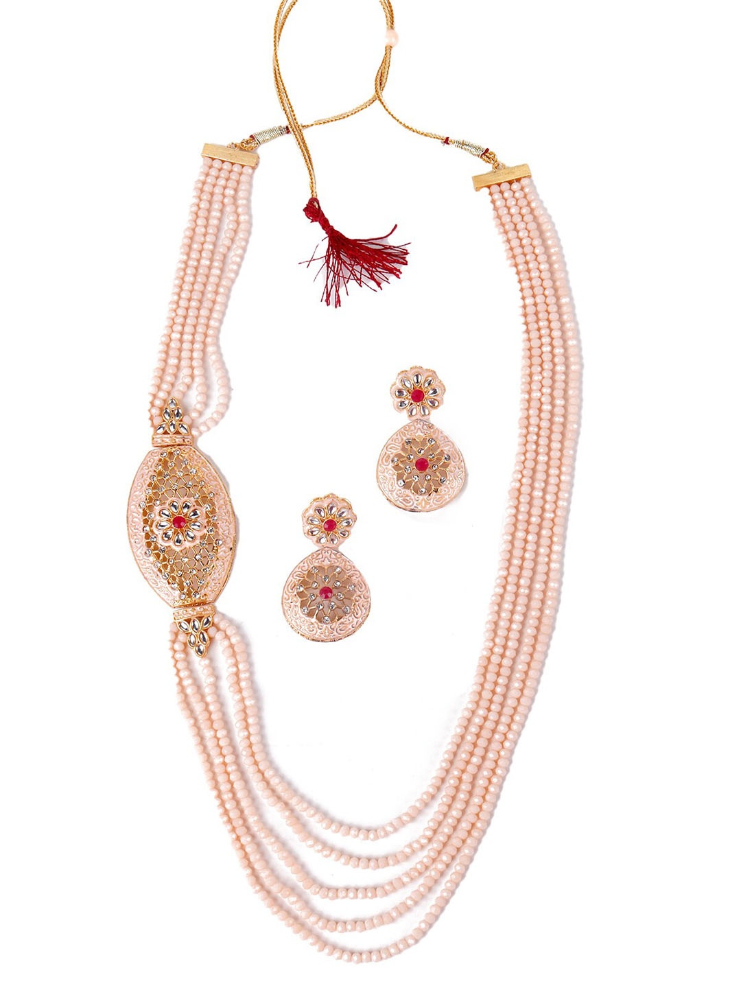 

ODETTE Women Peach-Toned & White Stone-Studded & Beaded Jewellery Set