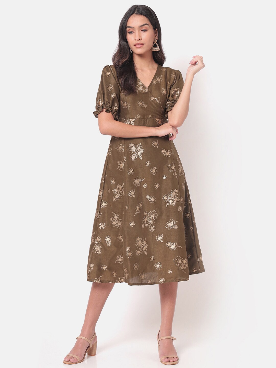 

Saaki Olive Green Floral Crepe Midi Wrap Dress