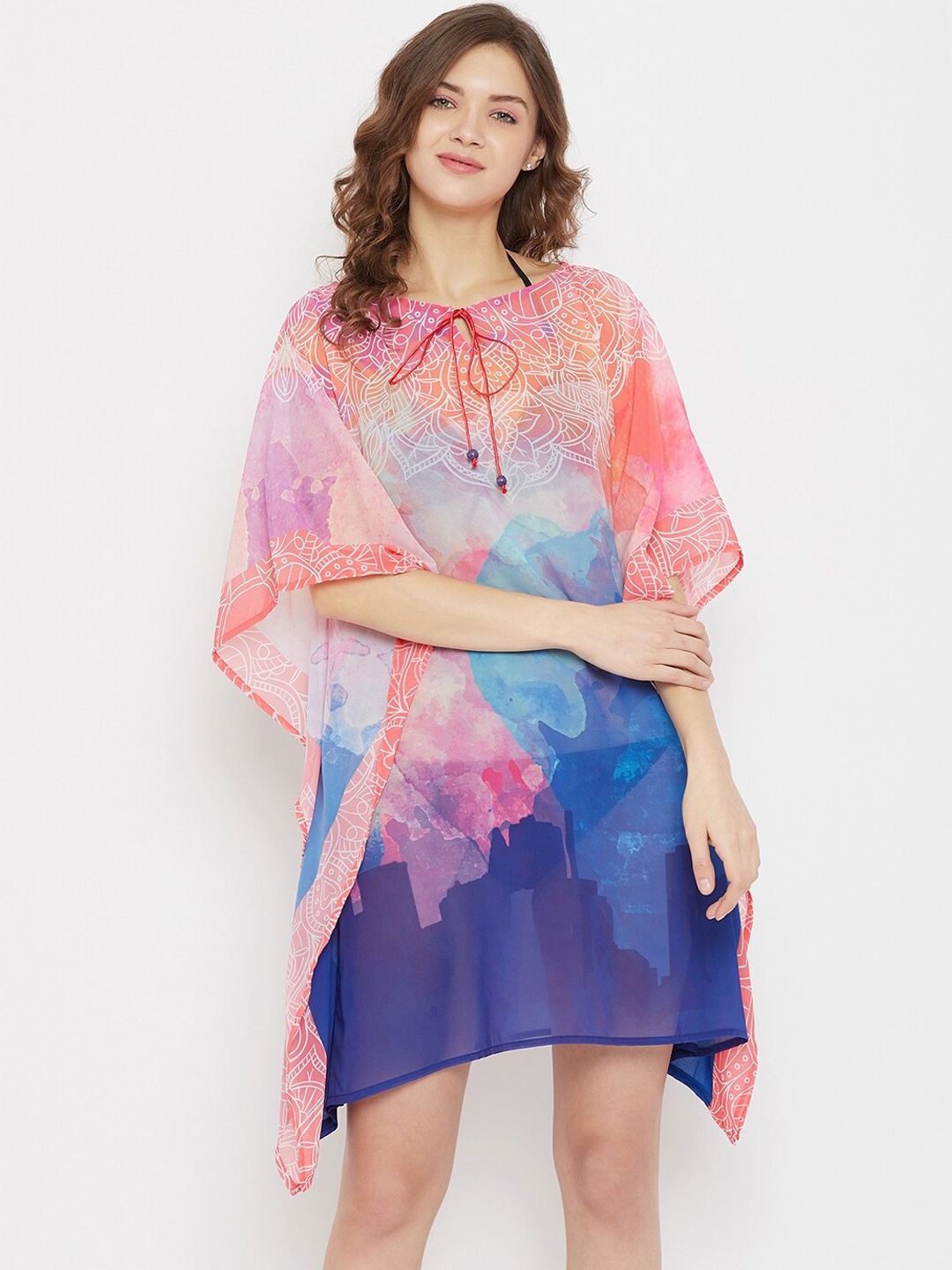 

The Kaftan Company Women Pink Printed Georgette Cover-Up Kaftan Dress