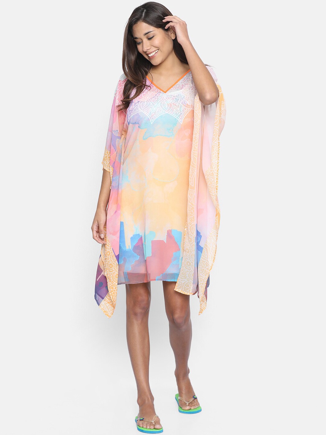 

The Kaftan Company Women Pink & Orange Printed Kaftan Cover-Up Dress