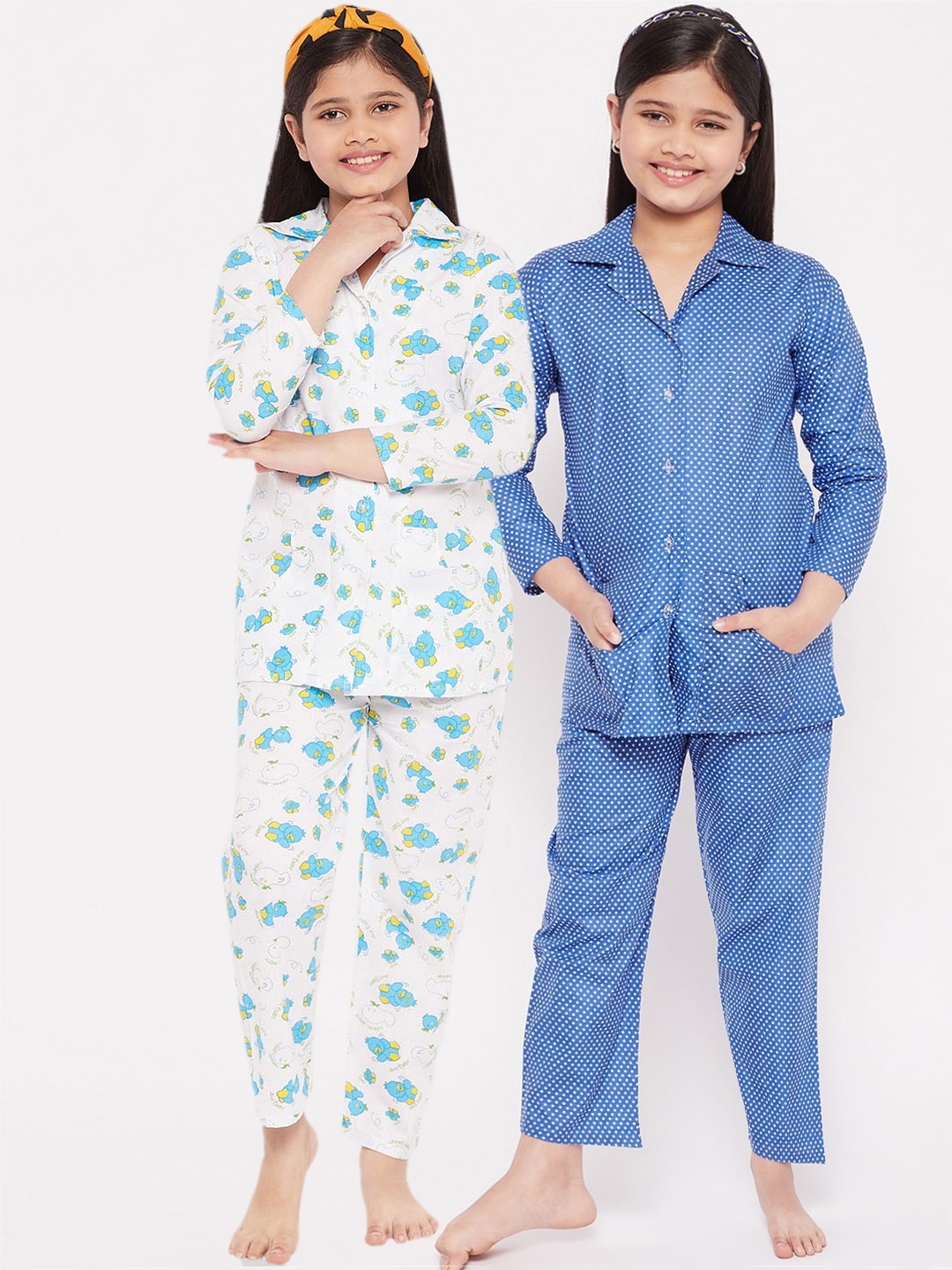 

KYDZI Girls Pack of 2 Blue & White Printed Pure Cotton Night suit