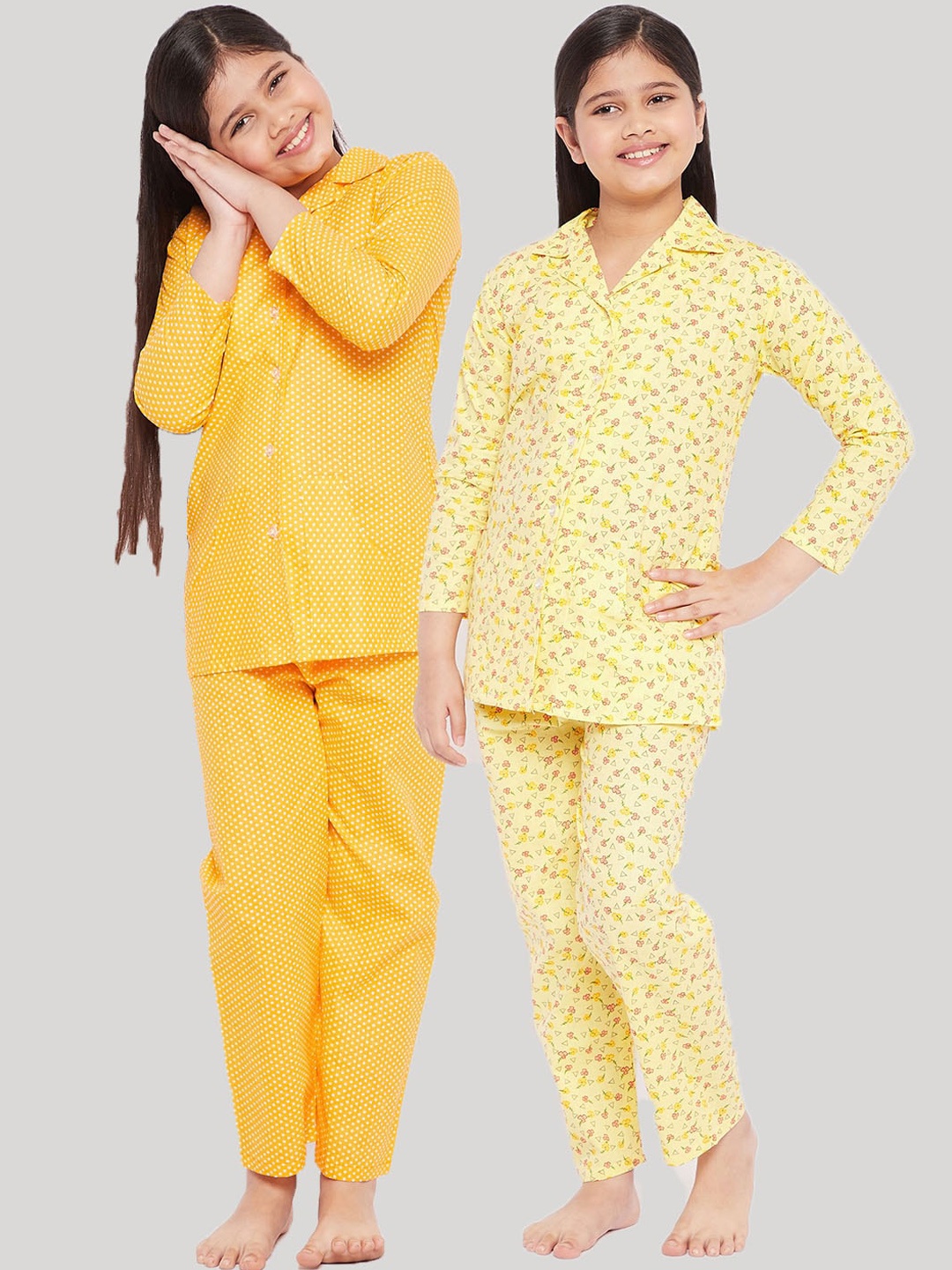 

KYDZI Girls Pack of 2 Yellow & White Printed Pure Cotton Night suit