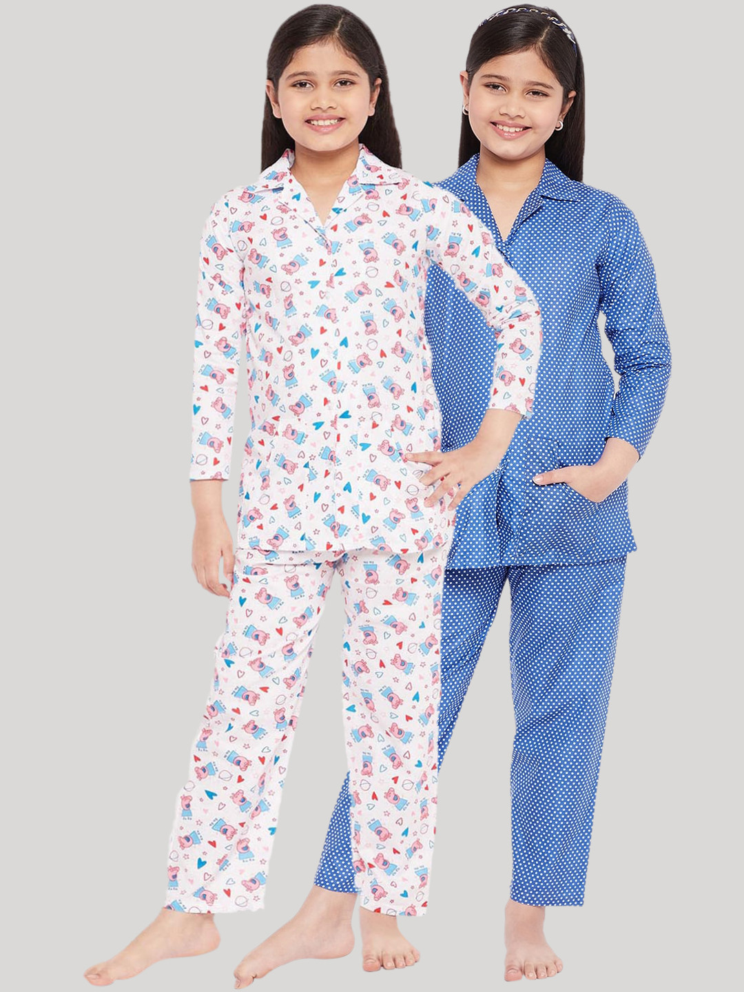 

KYDZI Girls Pack of 2 White & Blue Printed Night suits