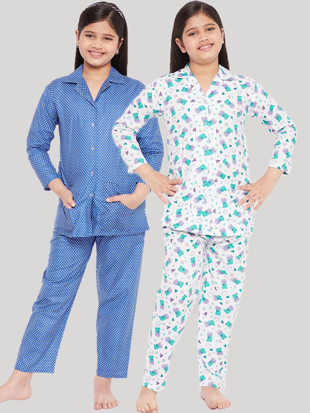 

KYDZI Girls Blue & White Printed Pure Cotton Night Suit Pack Of 2