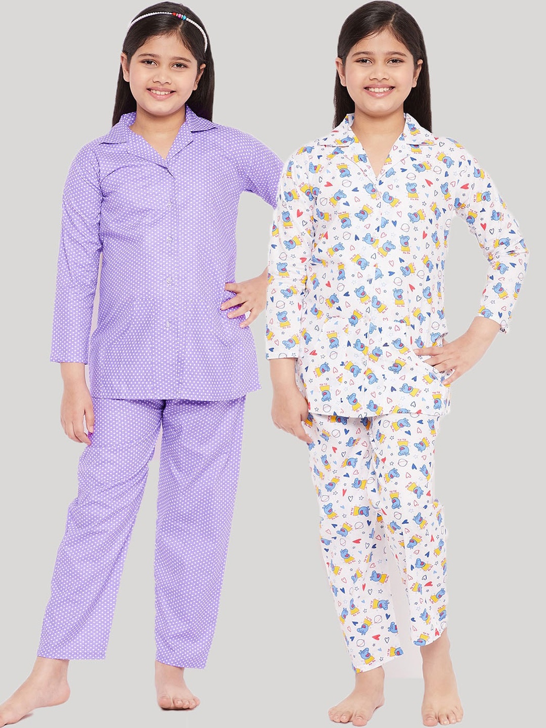 

KYDZI Set Of 2 Girls White & Lavender Printed Pure Cotton Night suit