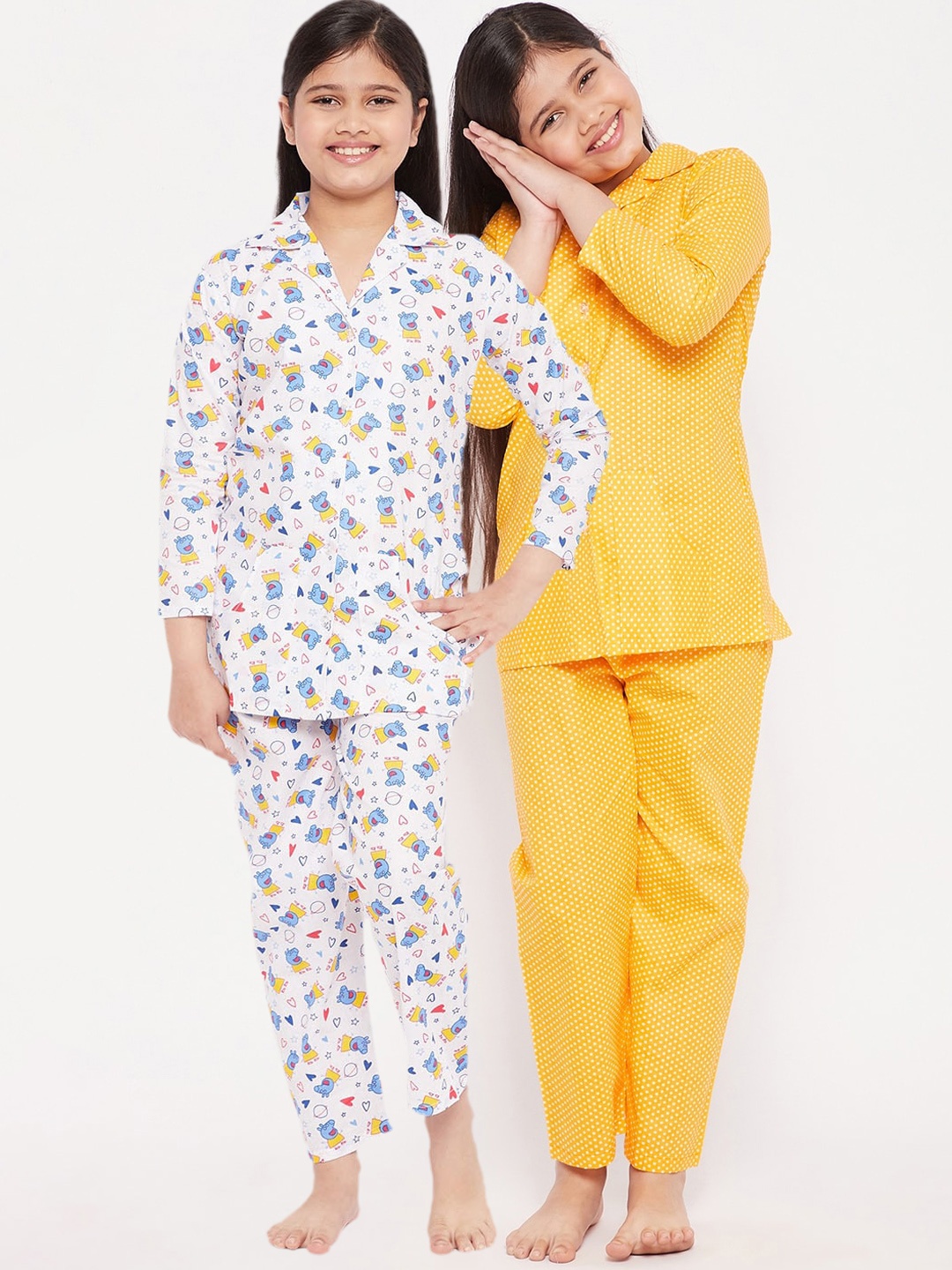 

KYDZI Girls Yellow & White Printed Pure Cotton Night Suit Pack Of 2