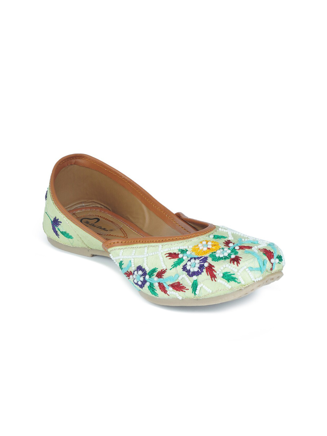 

The Desi Dulhan Women Lime Green Printed Ethnic Mojaris with Embroidered Flats