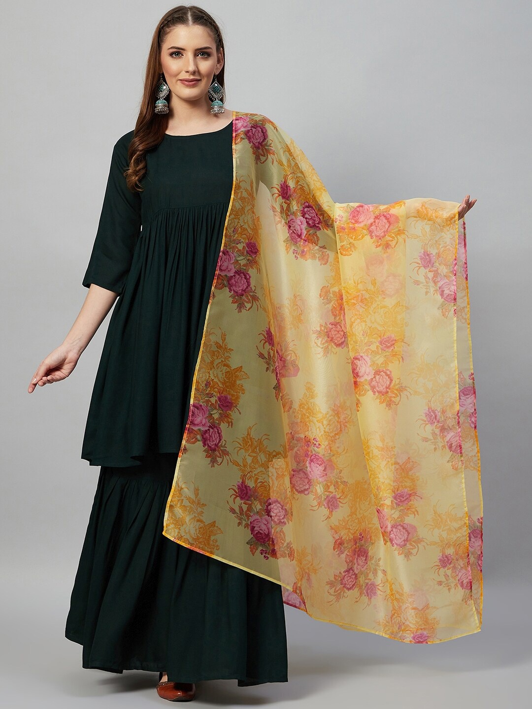 

InWeave Yellow & Pink Floral Printed Organza Dupatta