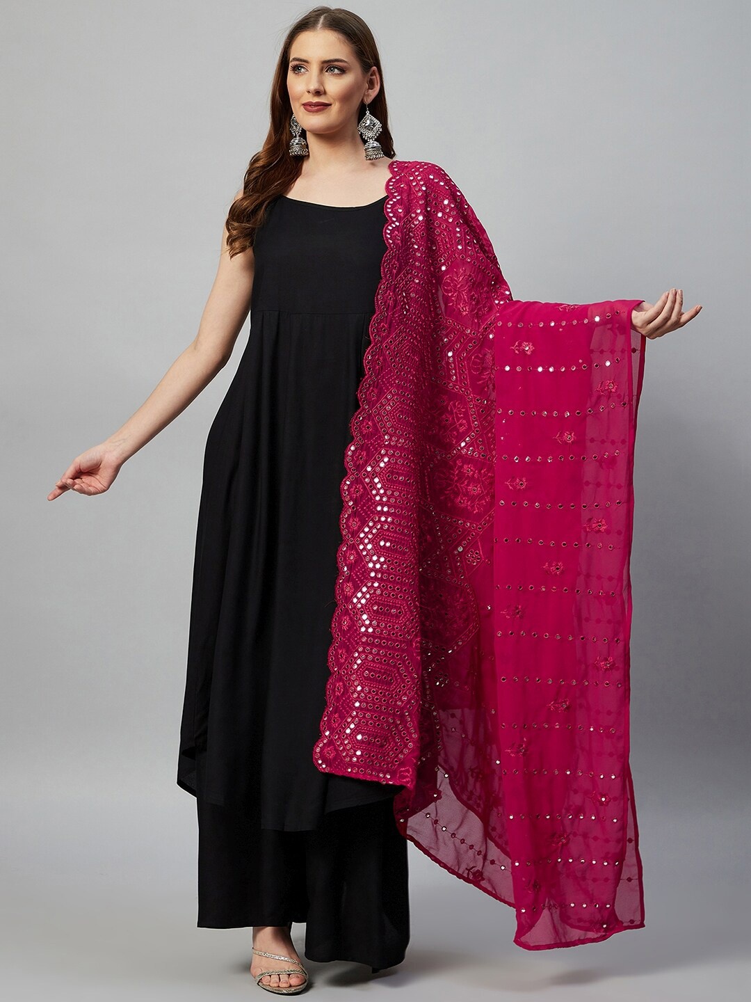 

InWeave Fuchsia Pink Embroidered Dupatta with Mirror Work