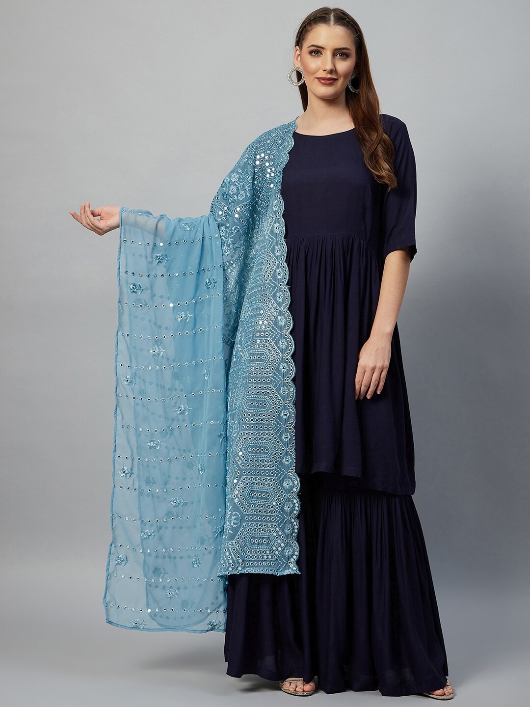 

InWeave Blue & Silver-Toned Ethnic Motifs Embroidered Dupatta With Mirror Work