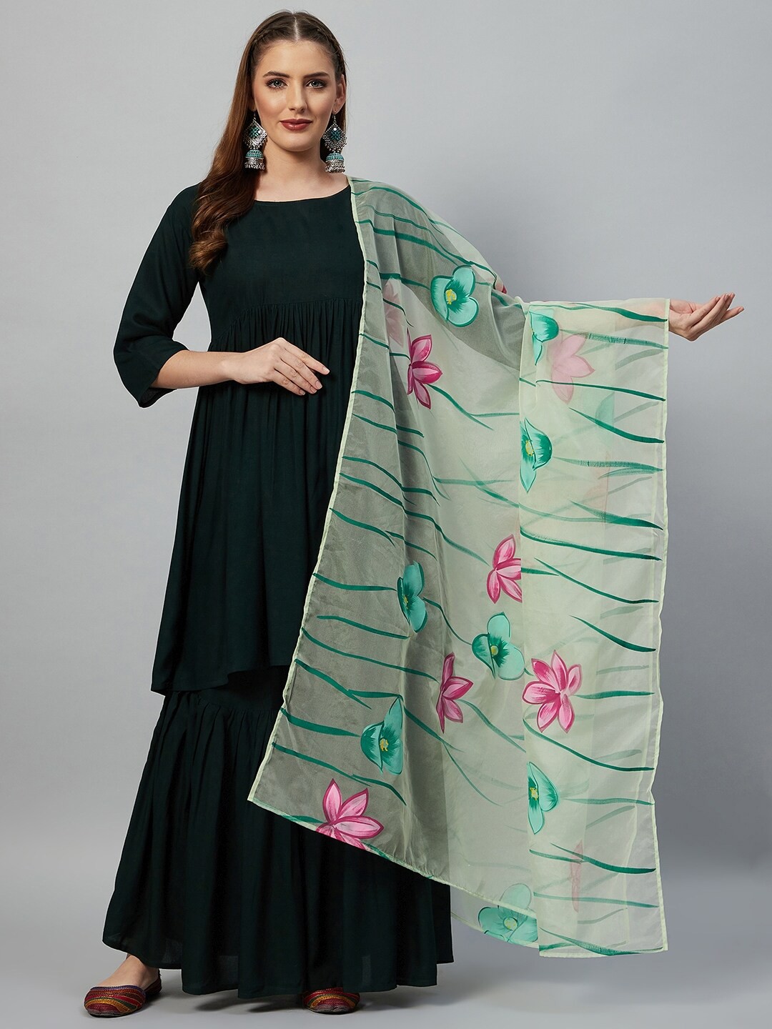 

InWeave Green & Blue Printed Organza Dupatta