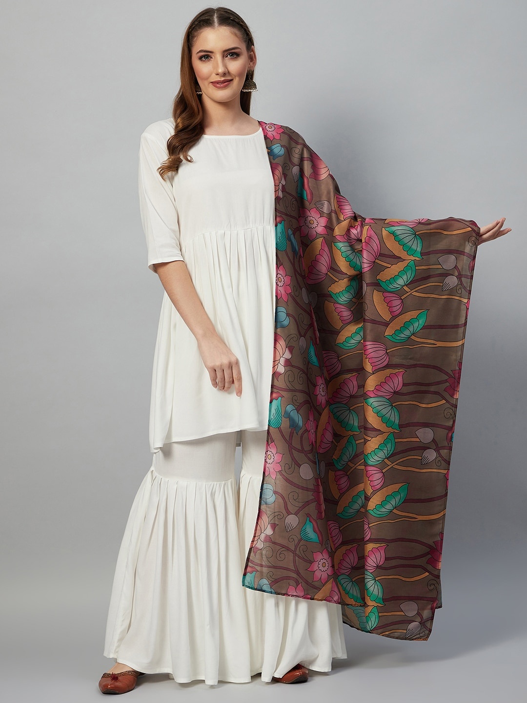 

InWeave Brown & Green Printed Dupatta