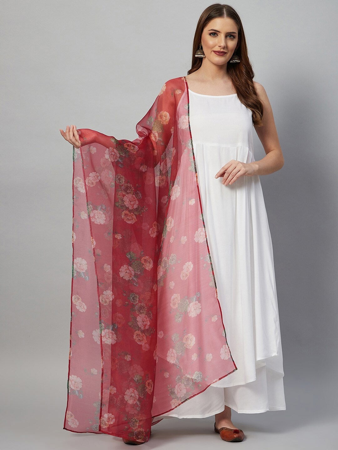 

InWeave Maroon & Yellow Printed Organza Dupatta