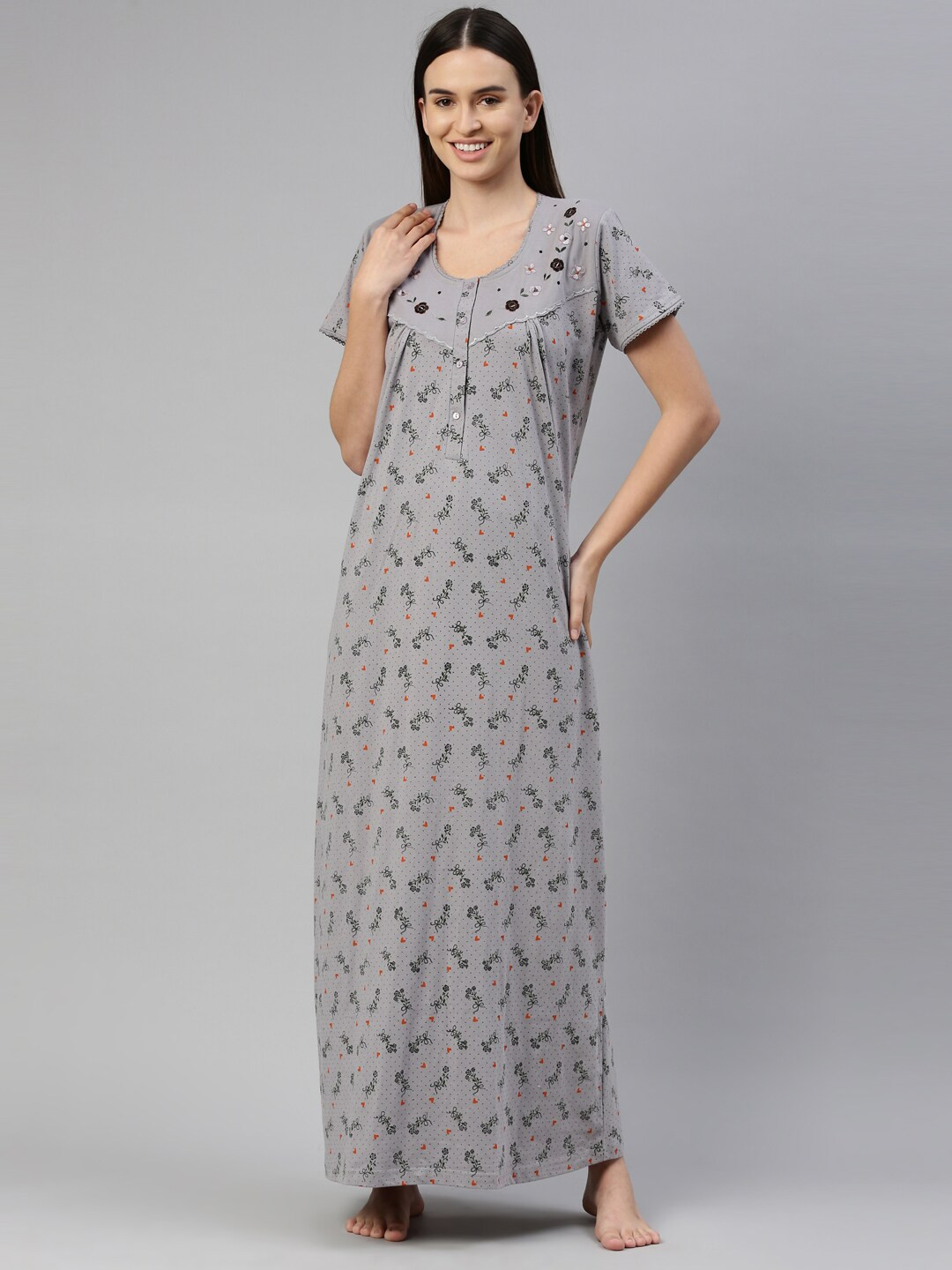 

GOLDSTROMS Women Grey Printed Maxi Nightdress