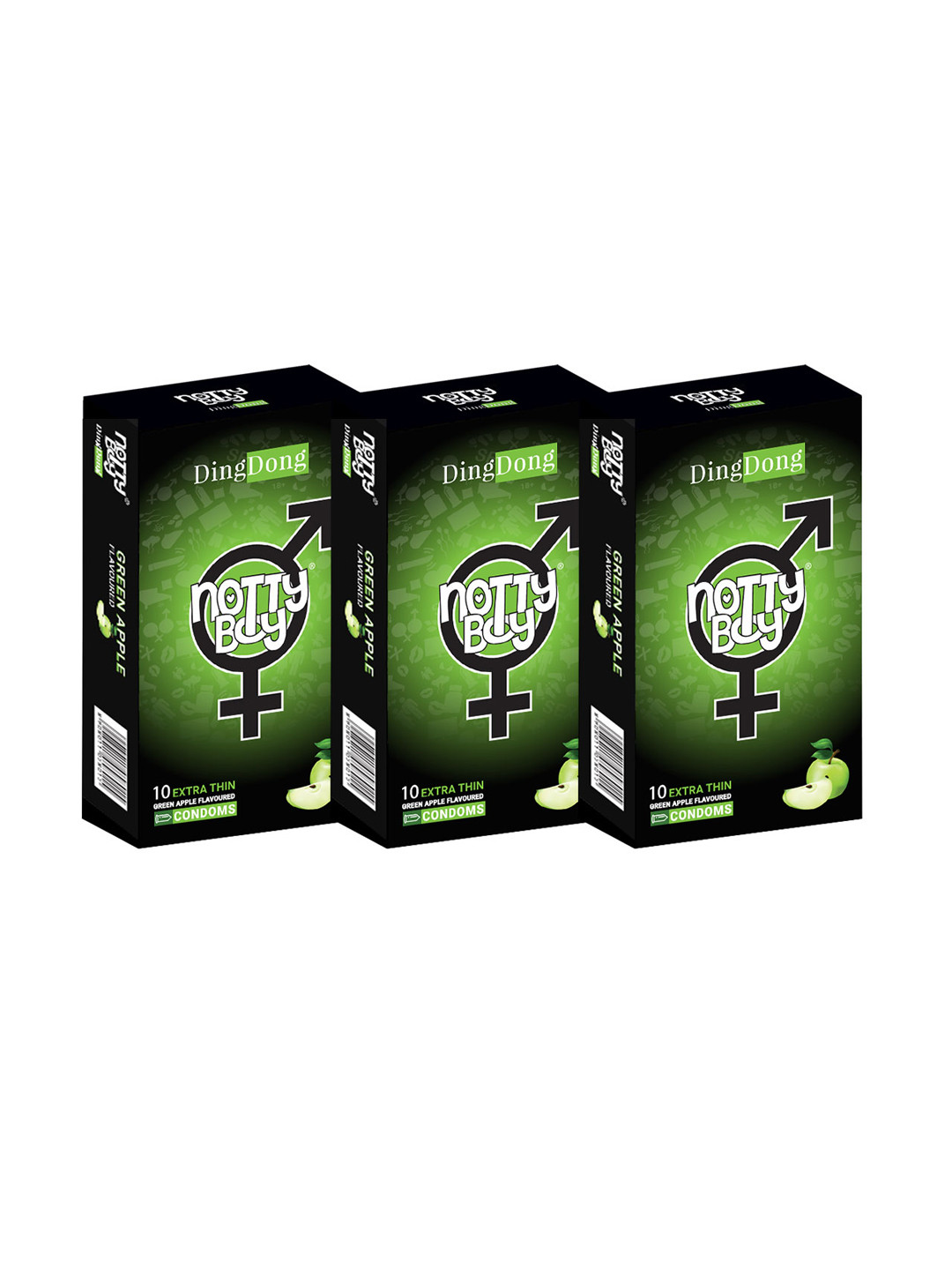 

noTTy Boy Set of 3 DingDong Green Apple Flavoured Condoms - 10 Unit Each, Black