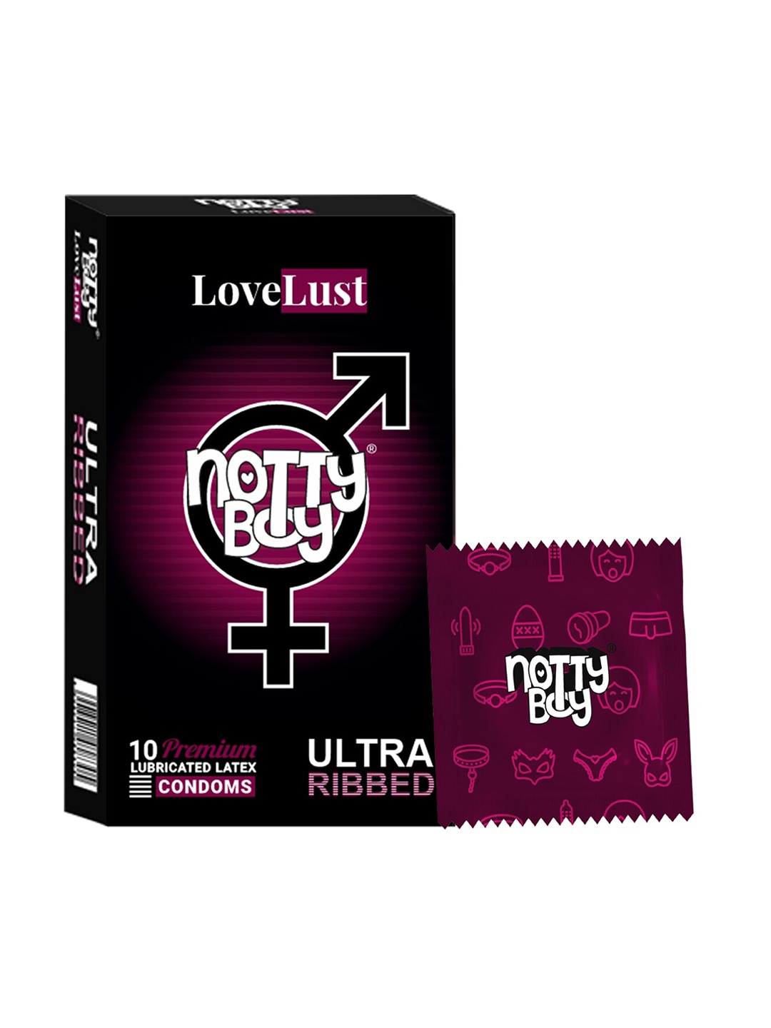 

noTTy Boy LoveLust Ultra Ribbed Condoms - 10 Unit, Black