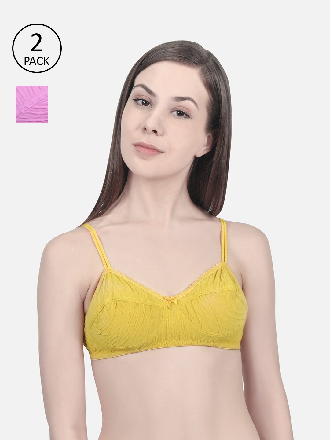 

Innocence Set Of 2 Pink & Mustard Non Padded & Non Wired Solid Dry Fit Bra