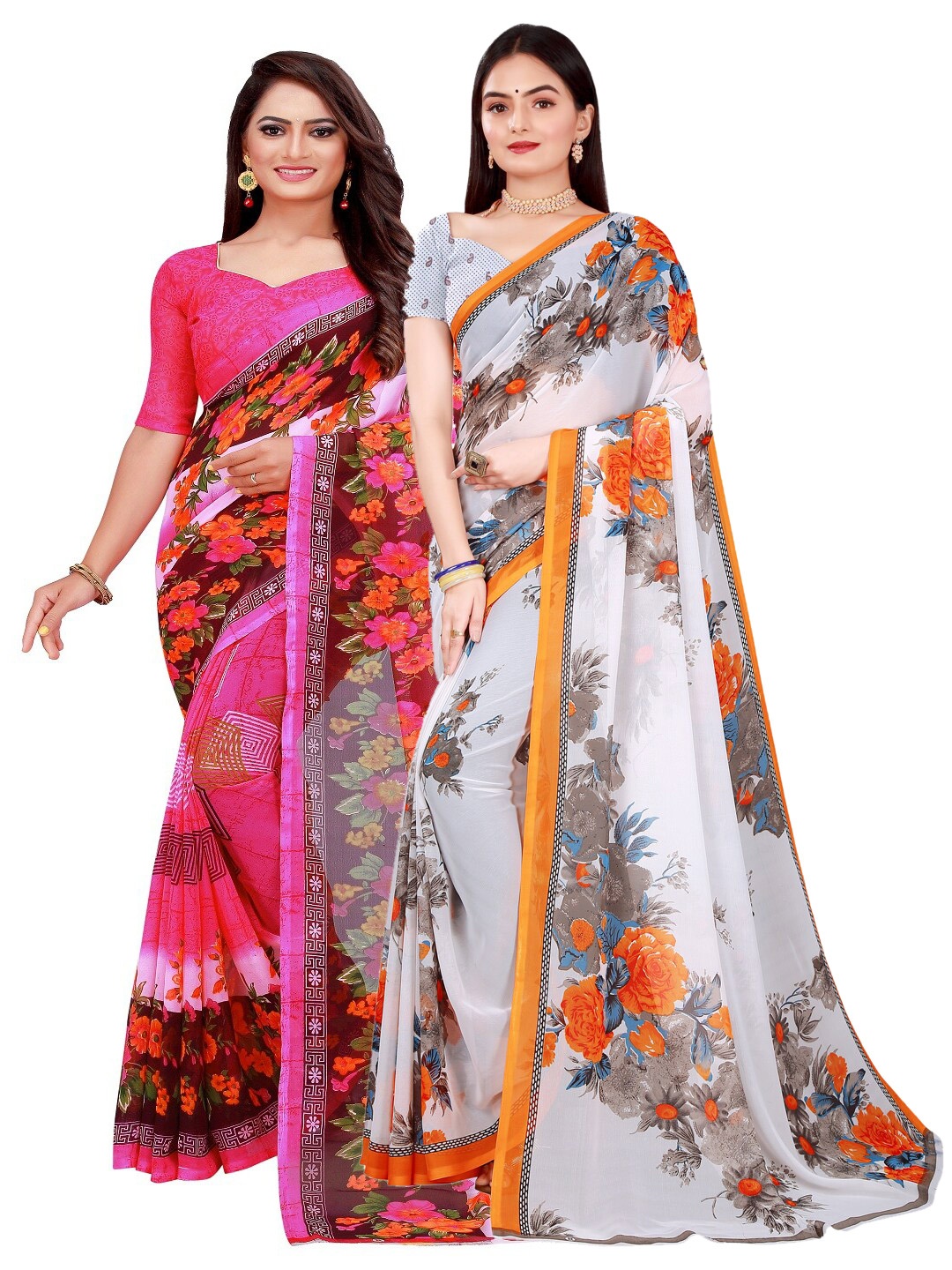 

Florence Pink & White Set of 2 Floral Printed Georgette Saree