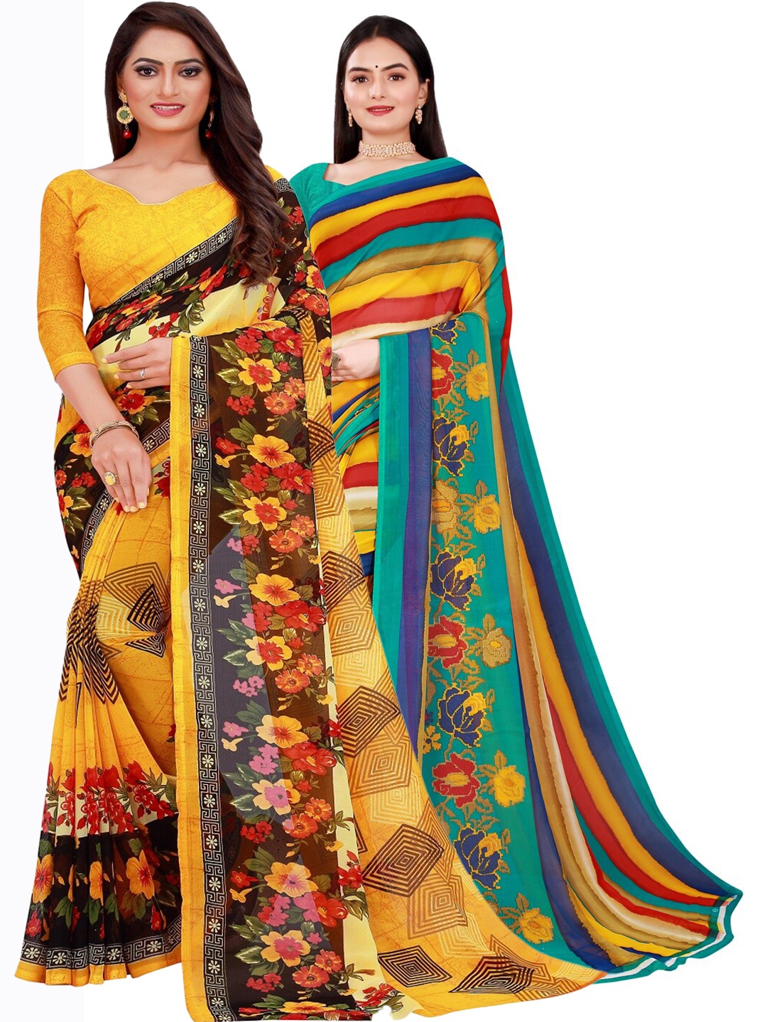 

Florence Yellow & Teal Striped Printed Pure Georgette Saree Pack Of 2