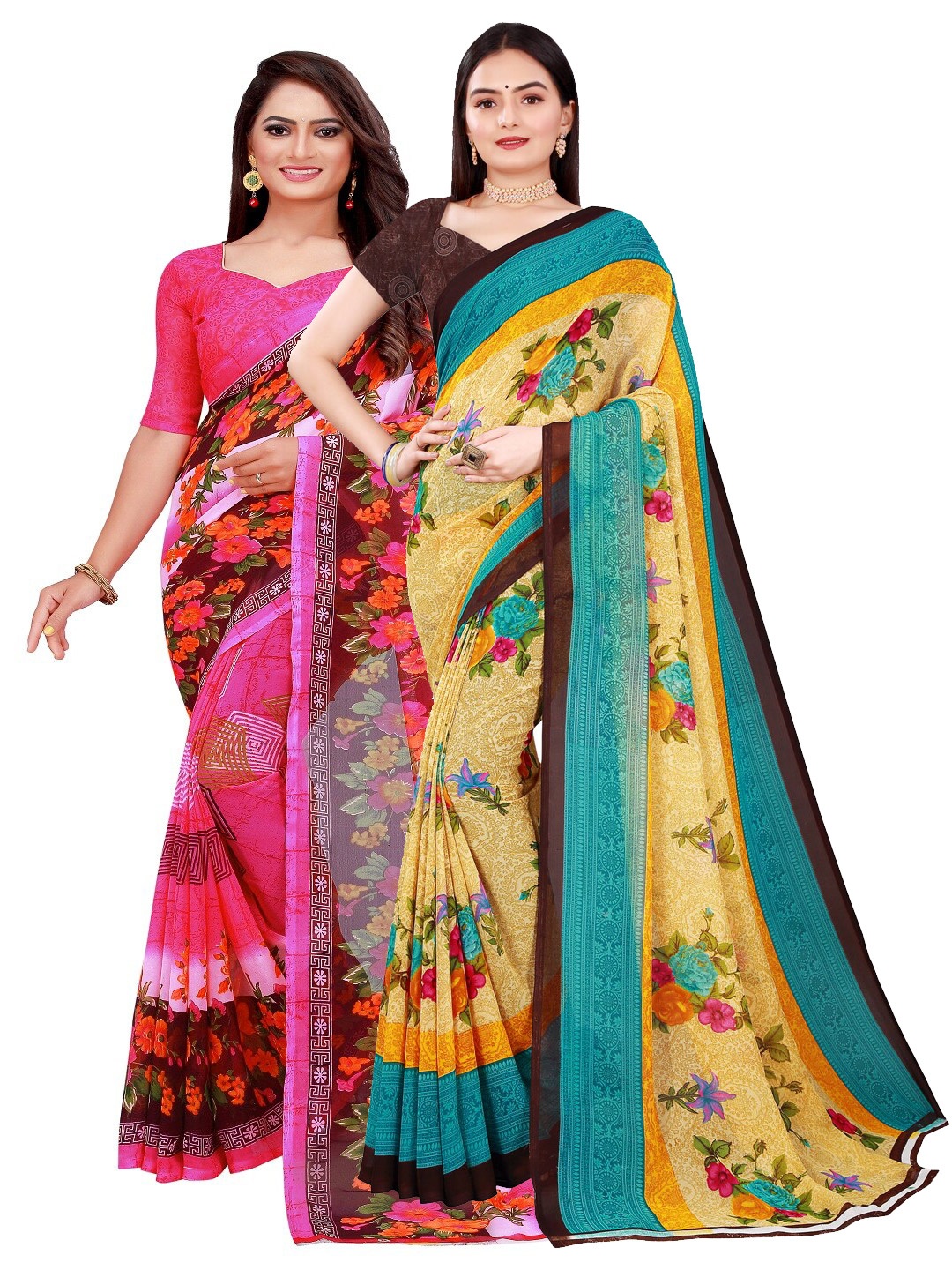 Florence Pink & Yellow Printed Pure Georgette Saree