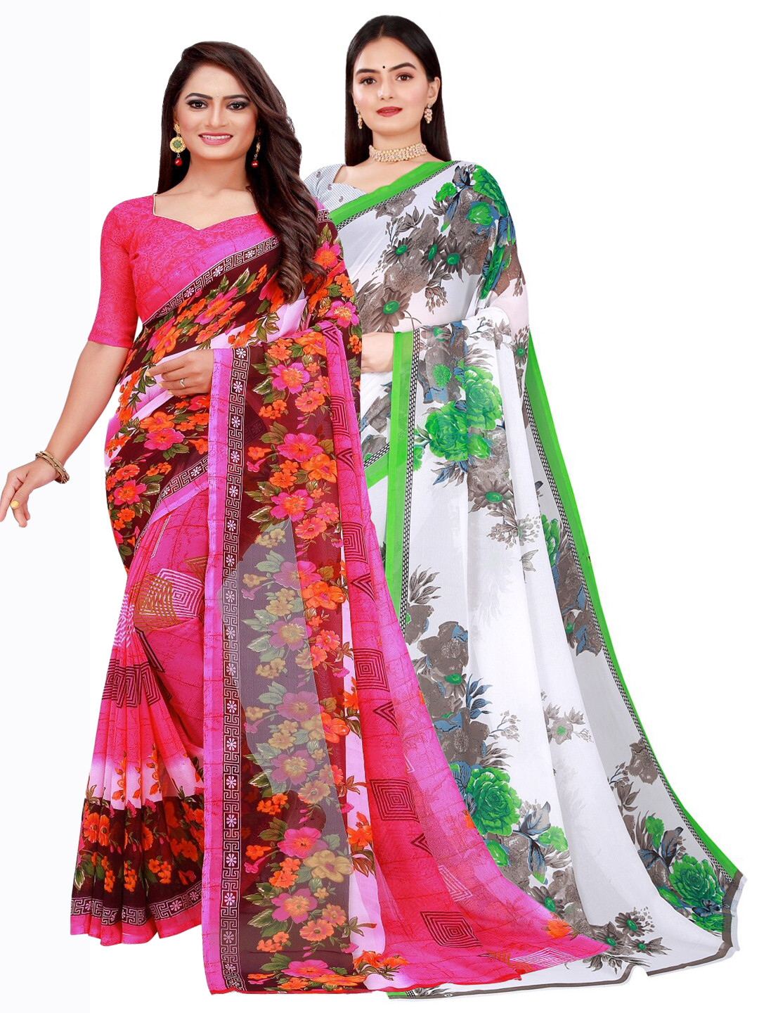 

Florence Pack Of 2 Pink & White Pure Georgette Saree