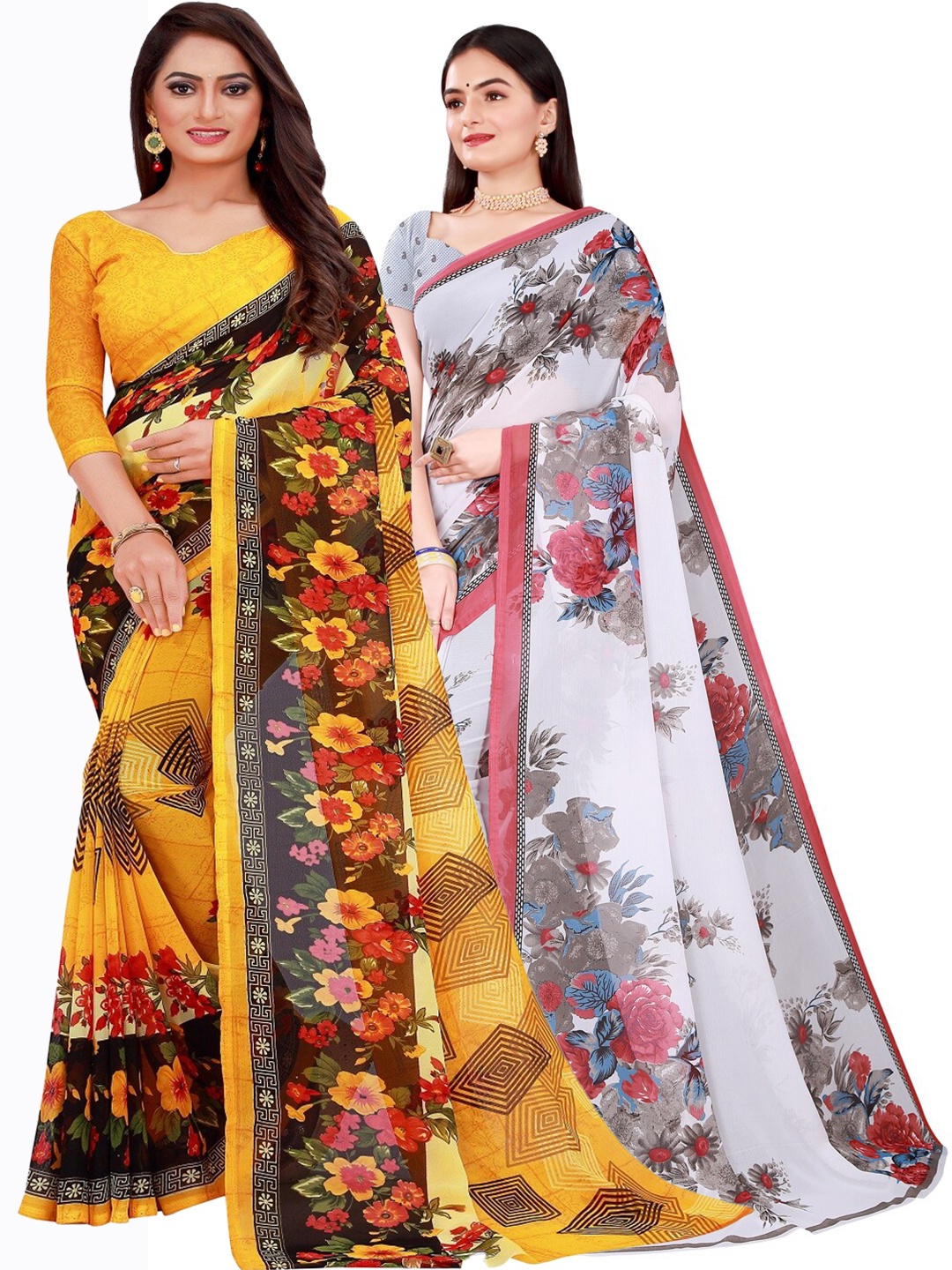 Florence Pack Of 2 Yellow & Pink Floral Printed Pure Georgette Saree