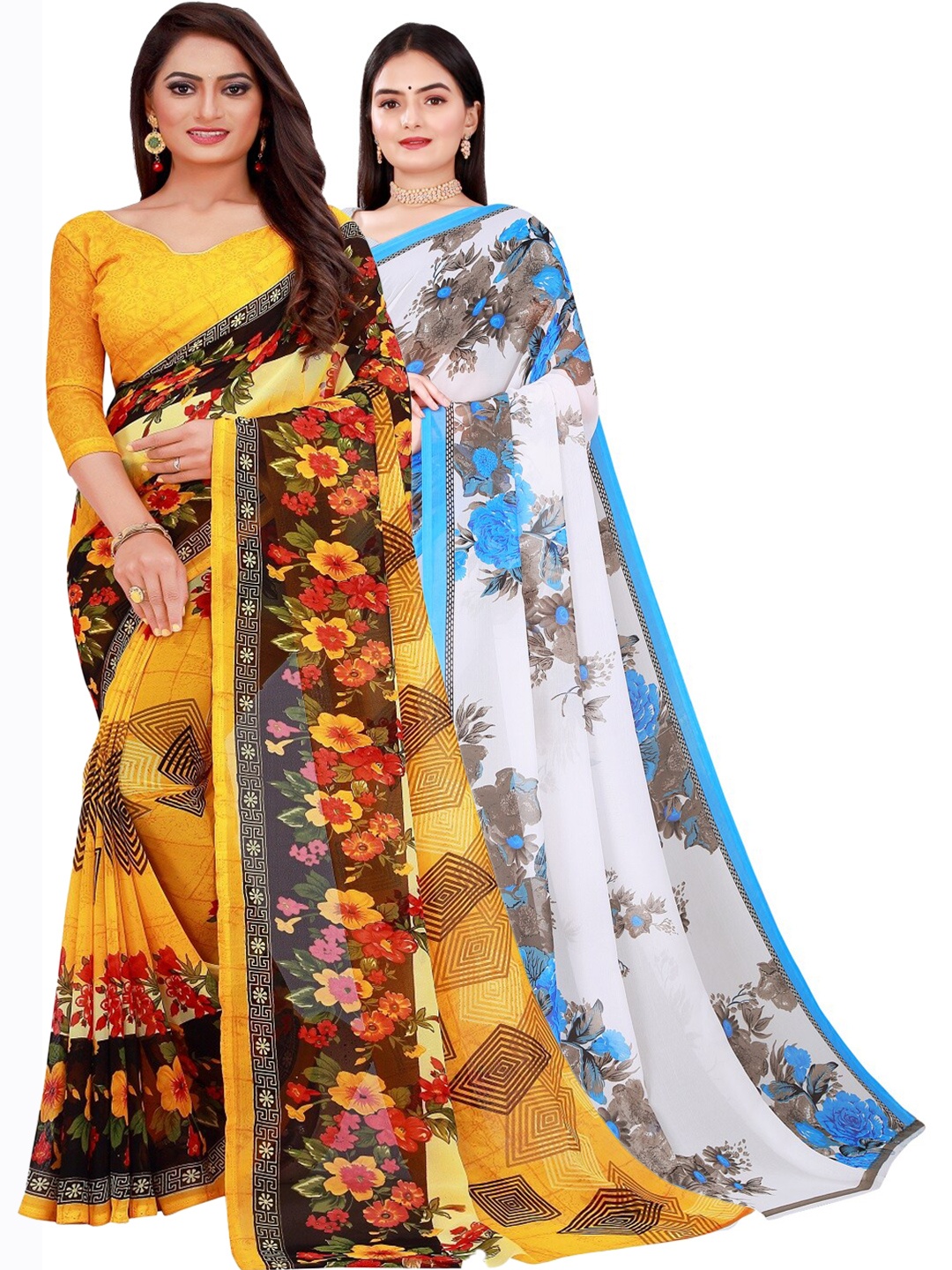

Florence Pack Of 2 Yellow & White Pure Georgette Sarees