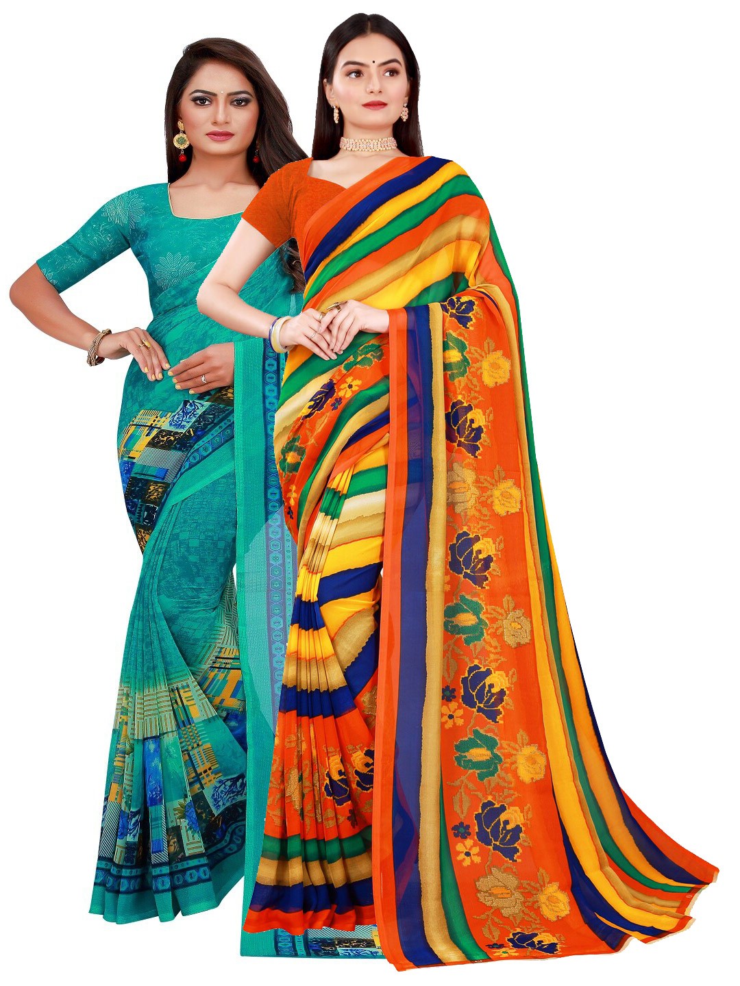 Florence Green & Orange Set Of 2 Floral Pure Georgette Saree