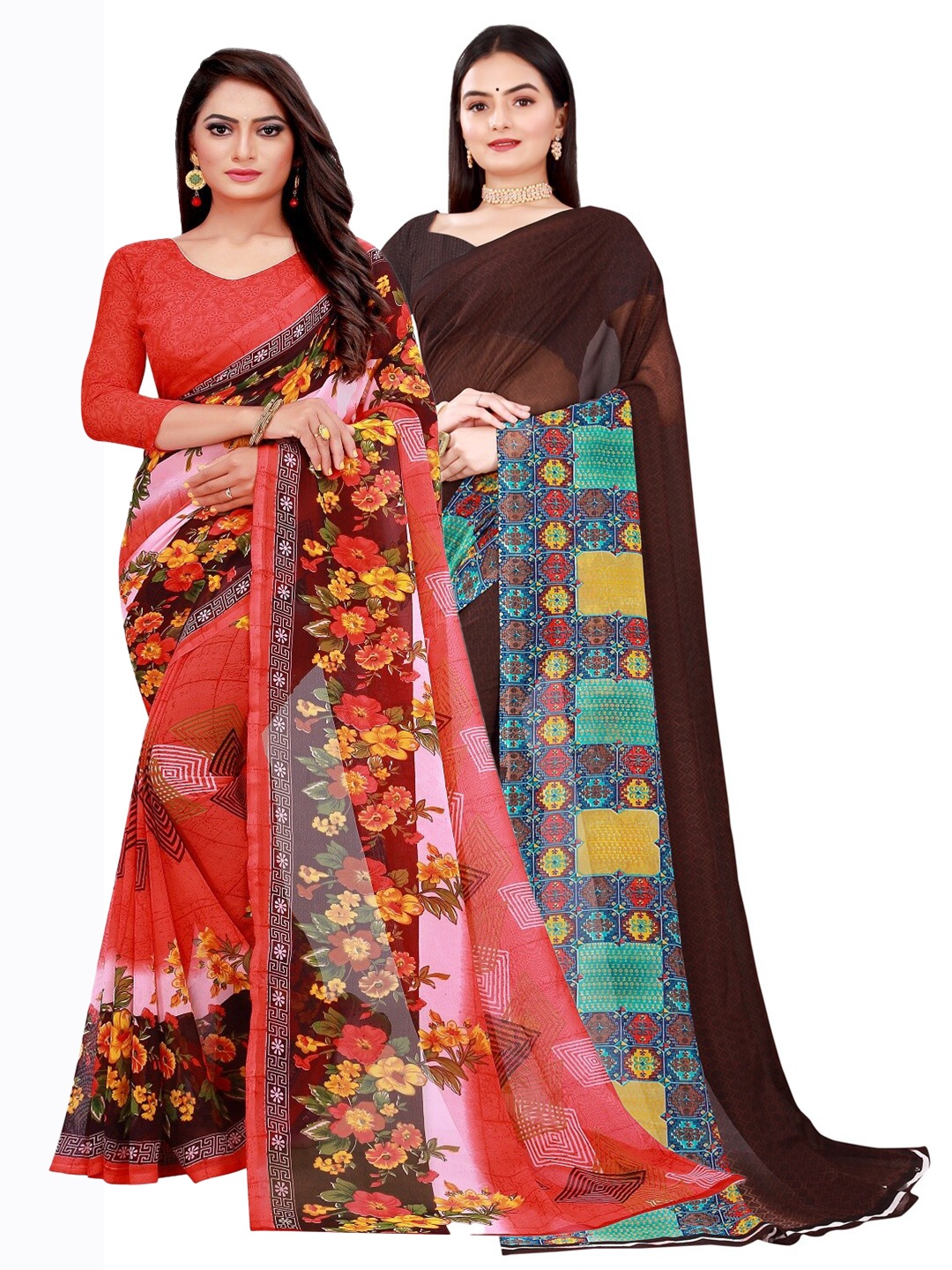 Florence Set Of 2 Red & Brown Floral Pure Georgette Saree