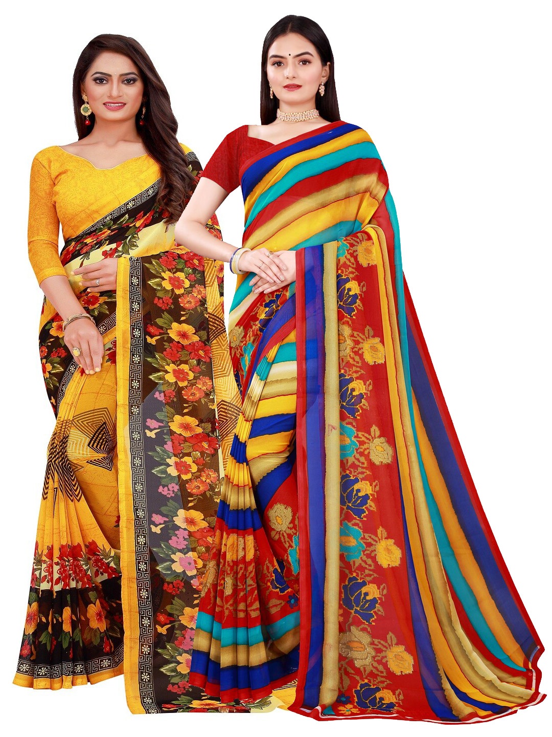 Florence Yellow & Red Set of 2 Floral Printed Georgette Saree