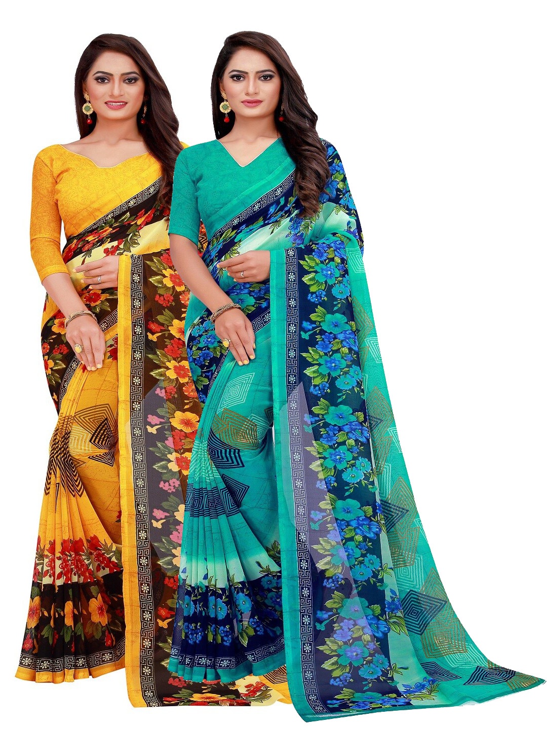 

Florence Yellow & Sea Green Floral Printed Pure Georgette Saree Pack Of 2