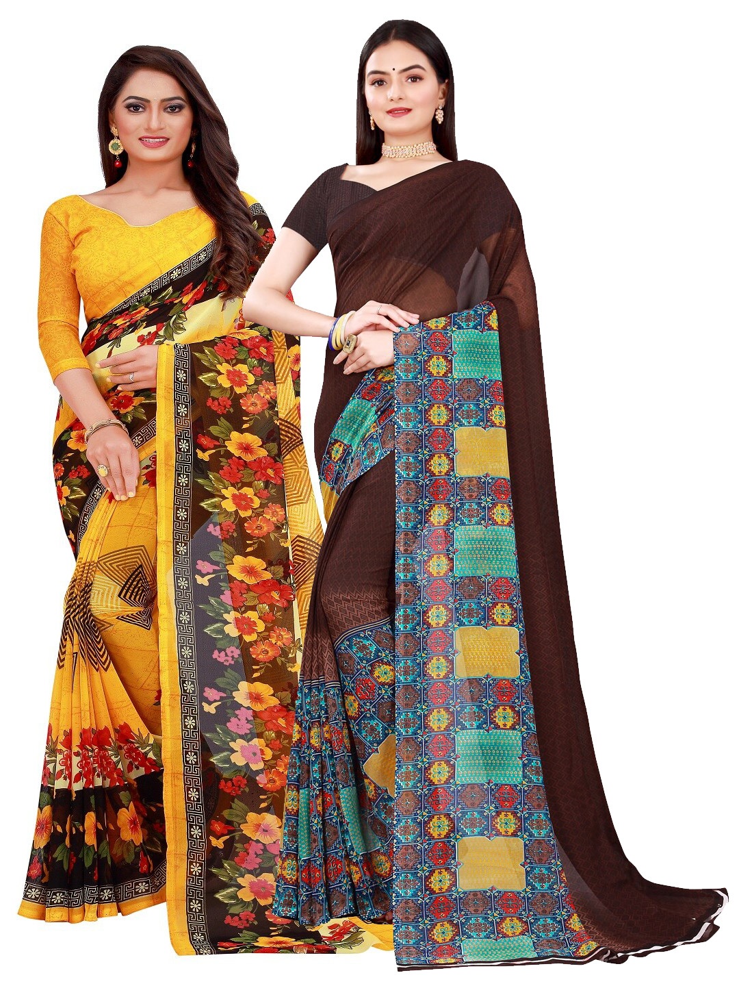 

Florence Pack Of 2 Yellow & Brown Floral Printed Pure Georgette Saree