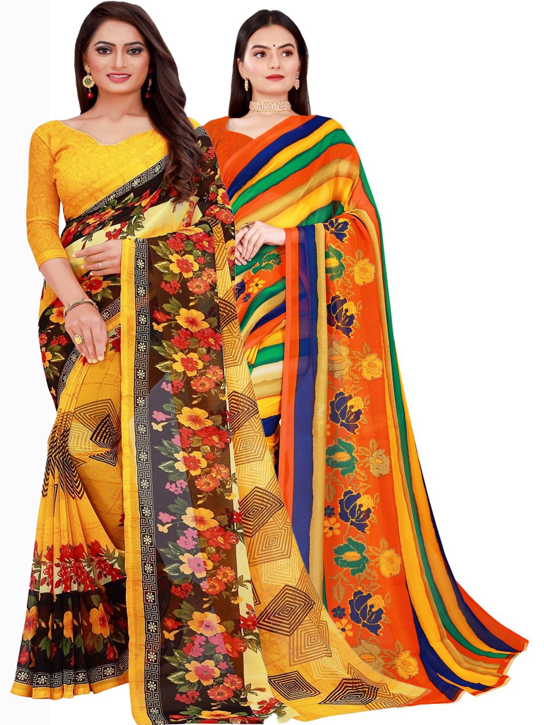 

Florence Pack Of 2 Yellow & Orange Pure Georgette Sarees