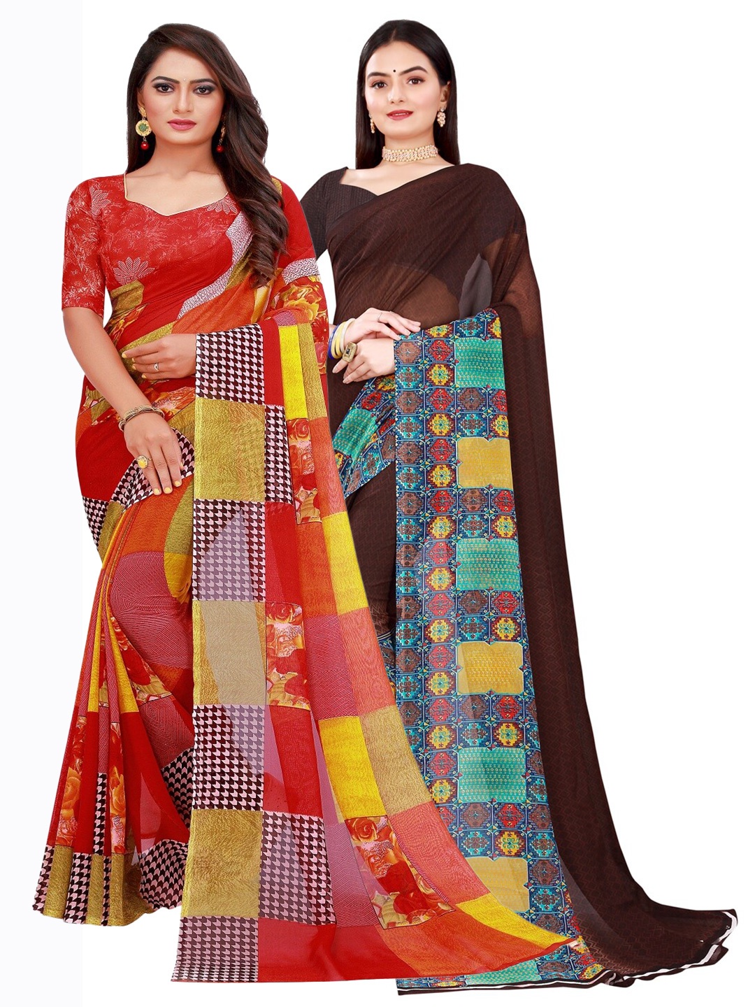 

Florence Pack of 2 Red & Brown Pure Georgette Sarees