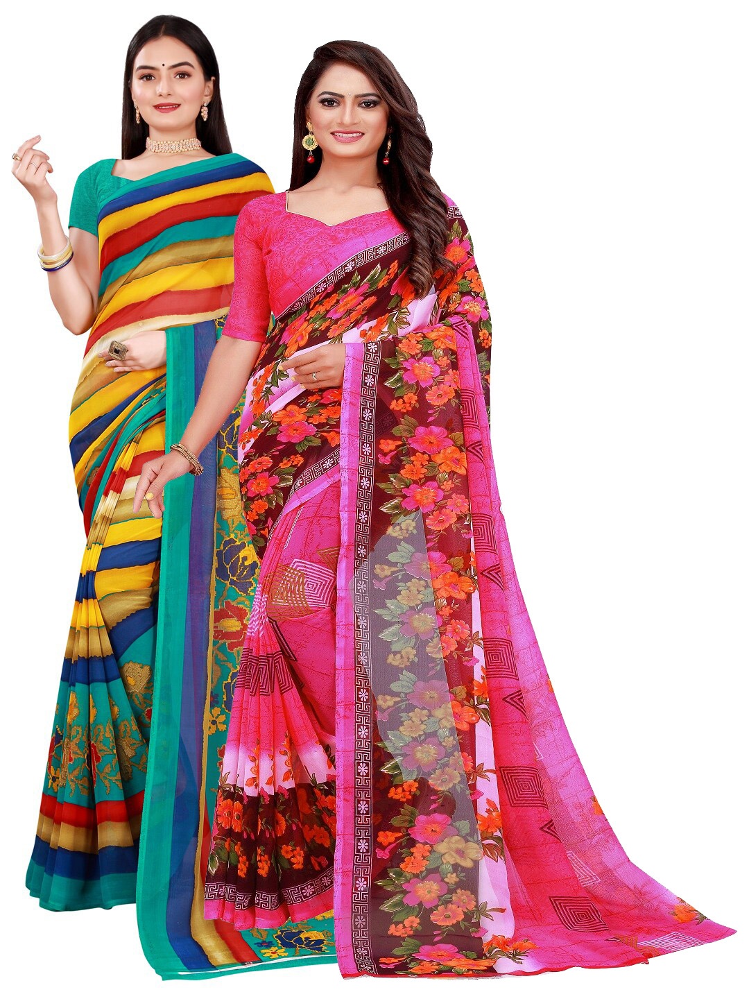 

Florence Set Of 2 Pink & Green Floral Pure Georgette Saree