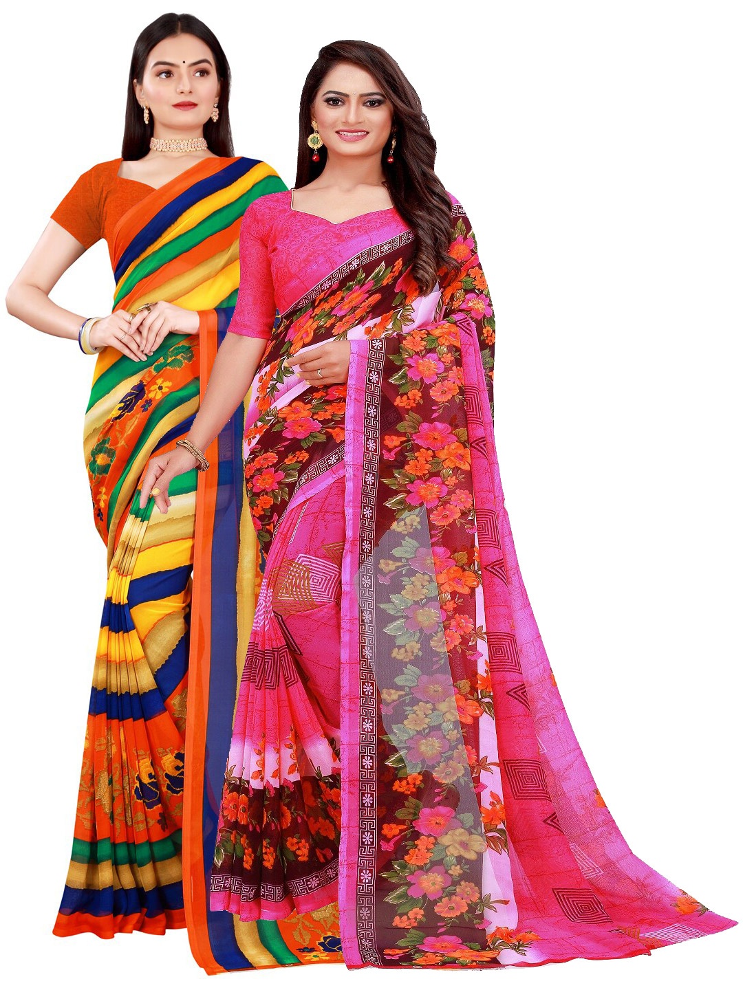 

Florence Pink & Orange Set Of 2 Floral Pure Georgette Saree