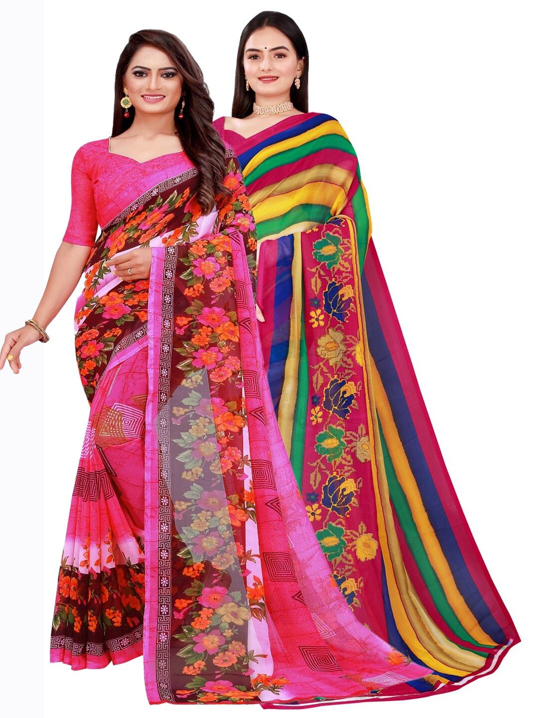 

Florence Pink & Yellow Floral Printed Pure Georgette Saree Pack Of 2